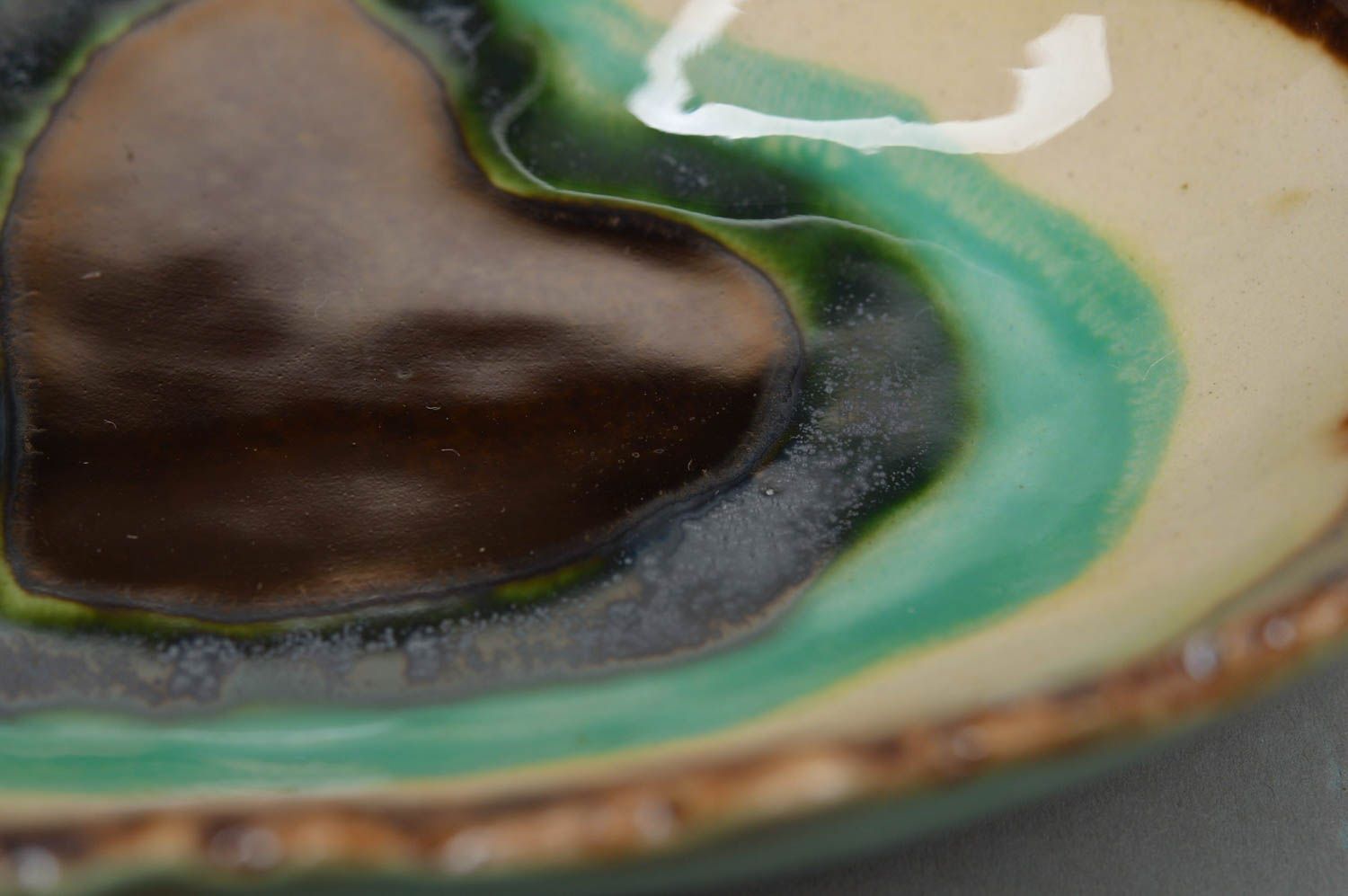 Small handmade decorative glazed heart-shaped bowl  turquoise brown and white photo 2
