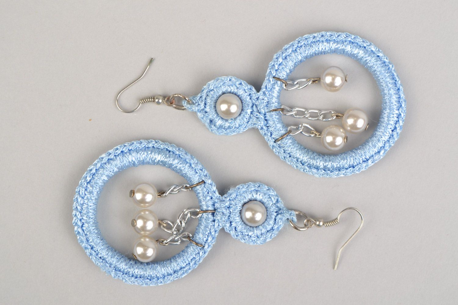 Handmade gentle round earrings woven of threads of beautiful blue color photo 2