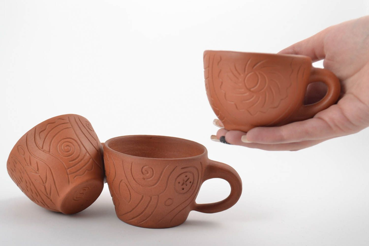 Set of three Mexican style red clay coffee cups of 3 and 5 oz with handle photo 2
