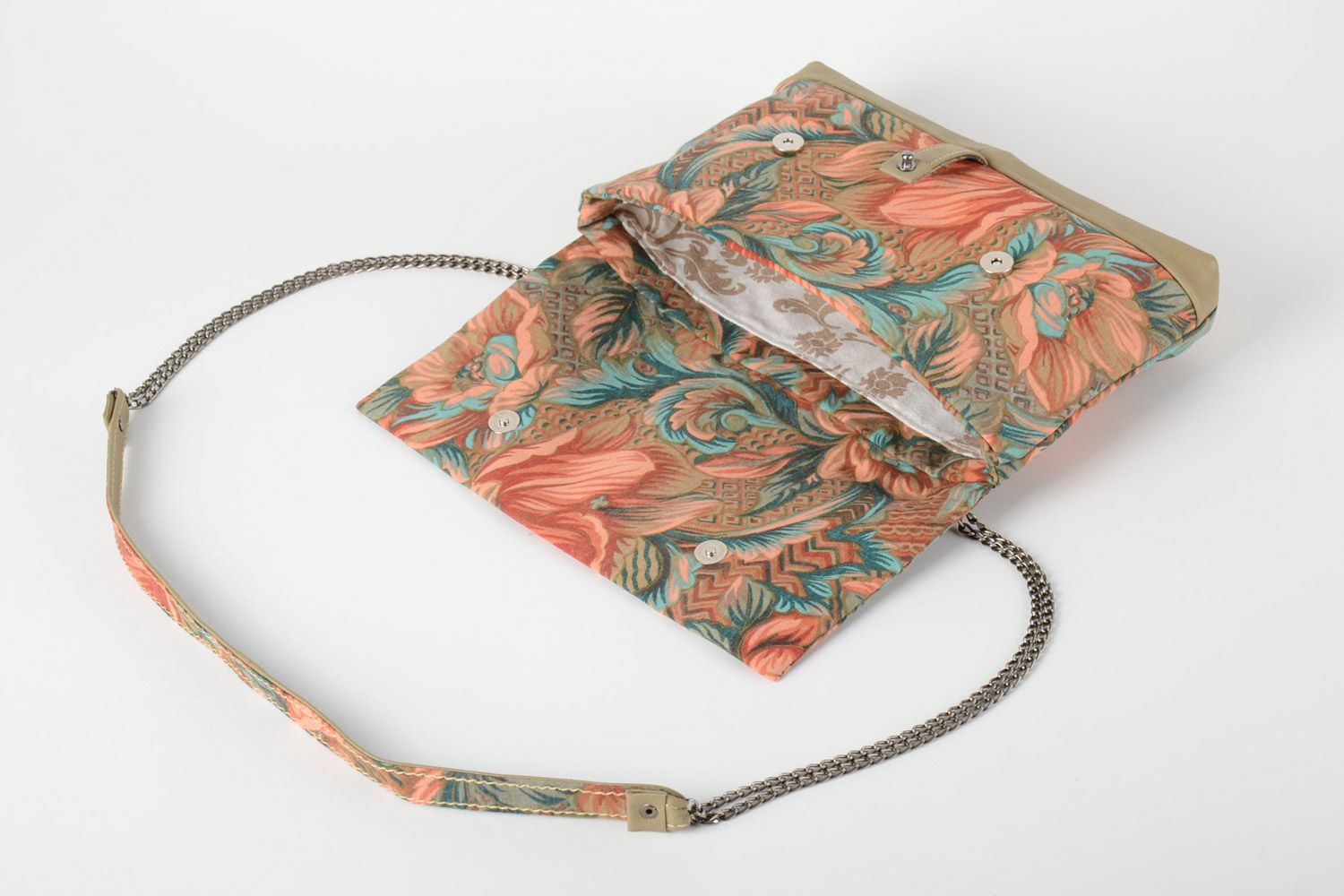 Handmade clutch bag sewn of colorful motley fabric on long chain with magnet lock photo 3