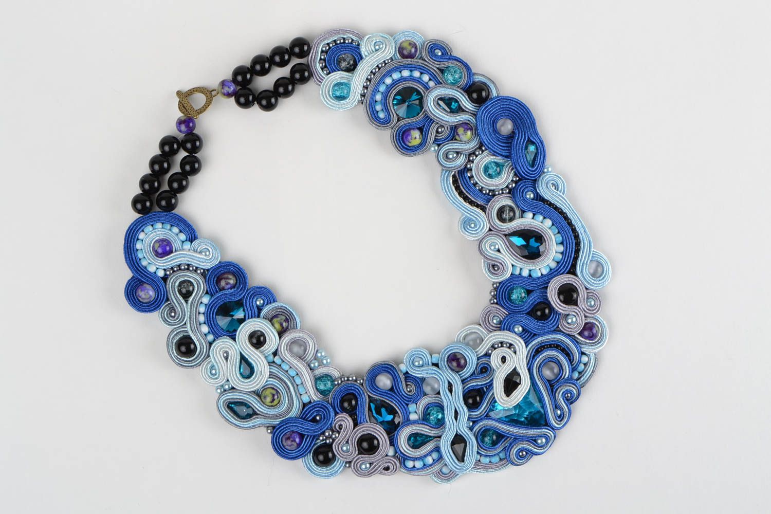 Blue handmade soutache necklace with natural stone and strasses photo 2