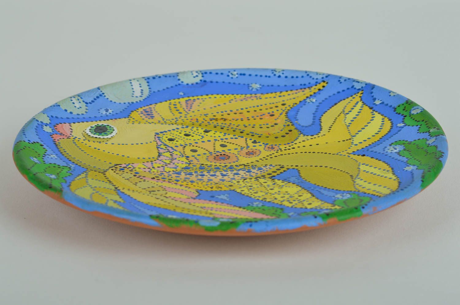 Handmade cute decorative ceramic plate decorated with acrylic paints Fish photo 2