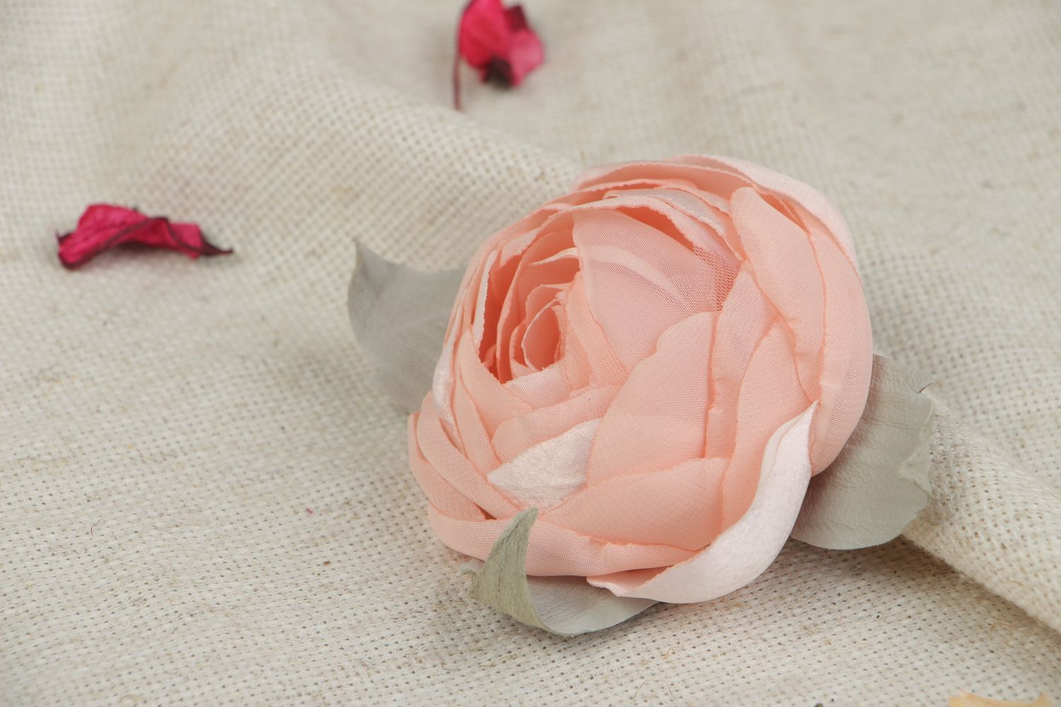 Handmade tender pink chiffon fabric flower brooch with leather leaves  photo 5