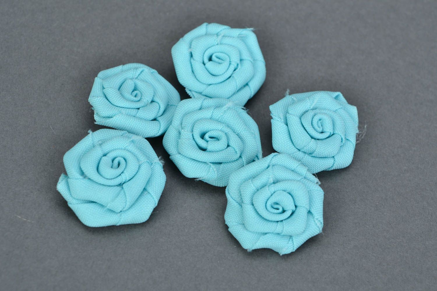 Set of 6 small light blue handmade fabric rose flowers for jewelry making photo 1