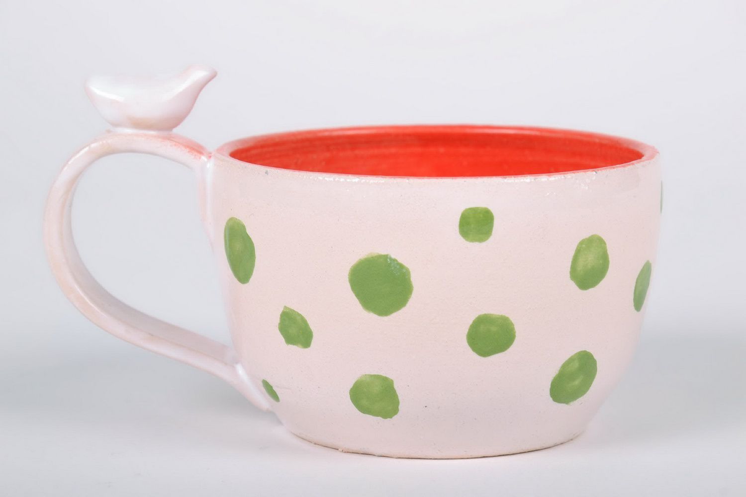 Large coffee 8 oz cup with handle and white, orange, and lime dots pattern photo 2