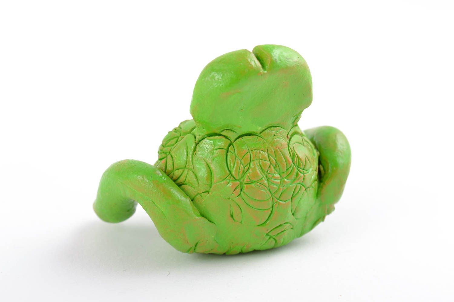 Handmade small primitive ceramic statuette painted with acrylics green frog photo 5
