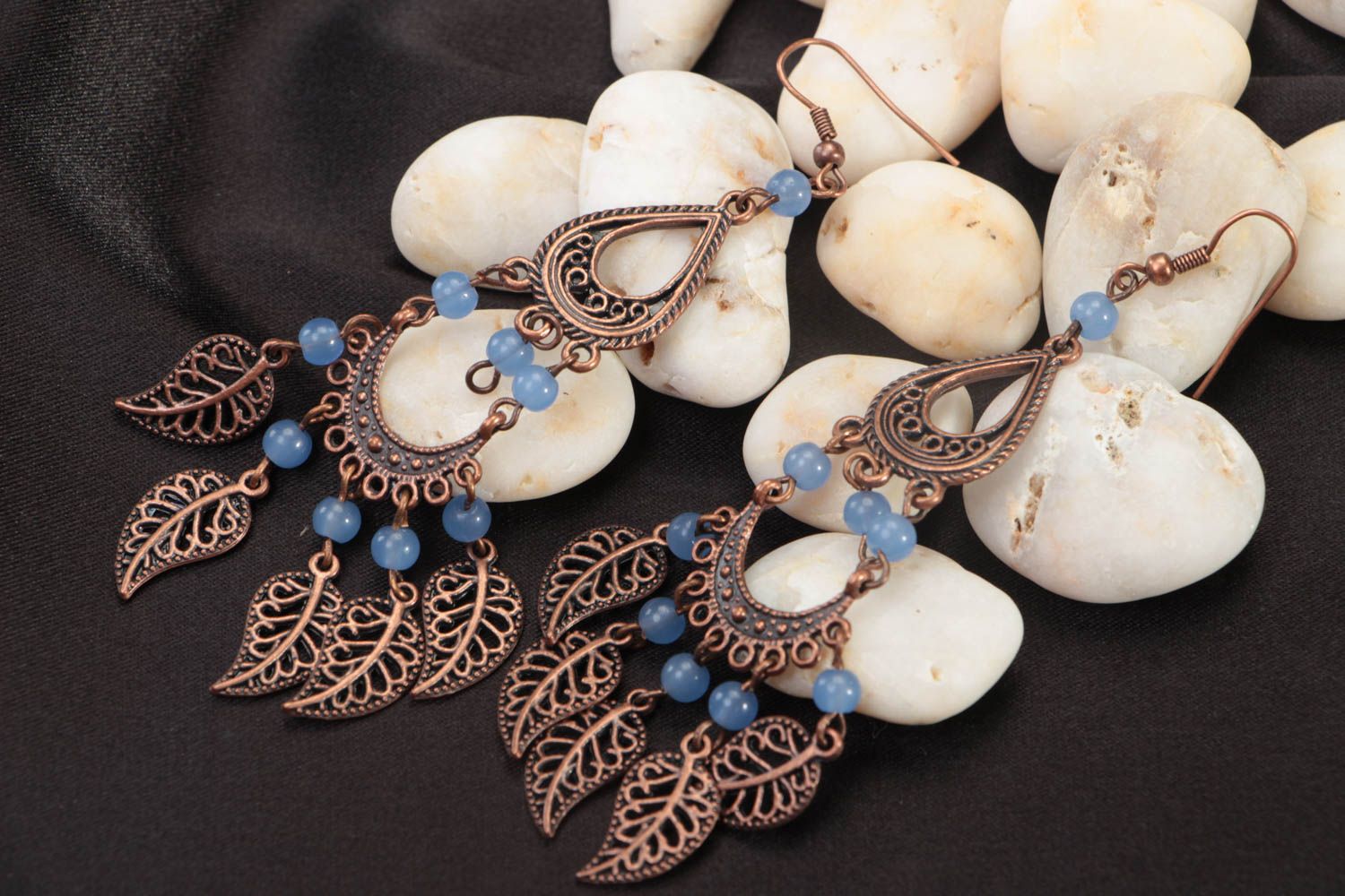 Handmade long earrings massive blue accessories jewelry made of glass beads photo 1