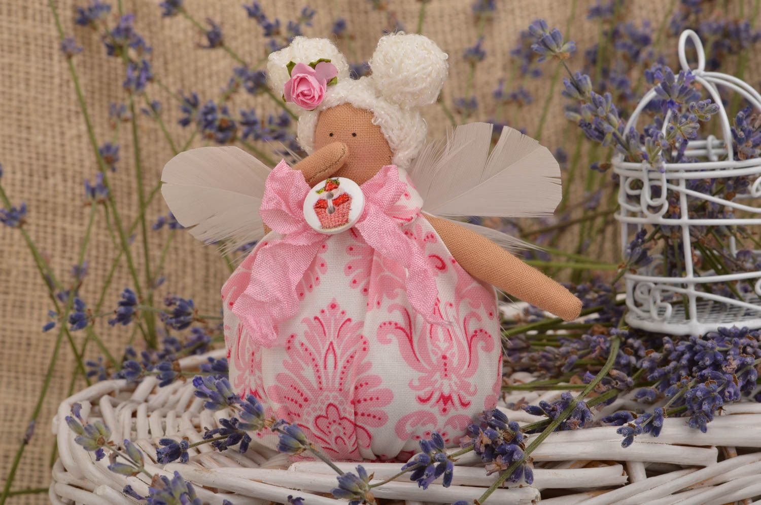 Künstlerische Puppe Engel mit Flügeln rosa weiß schön handgemacht für Haus Dekor foto 1