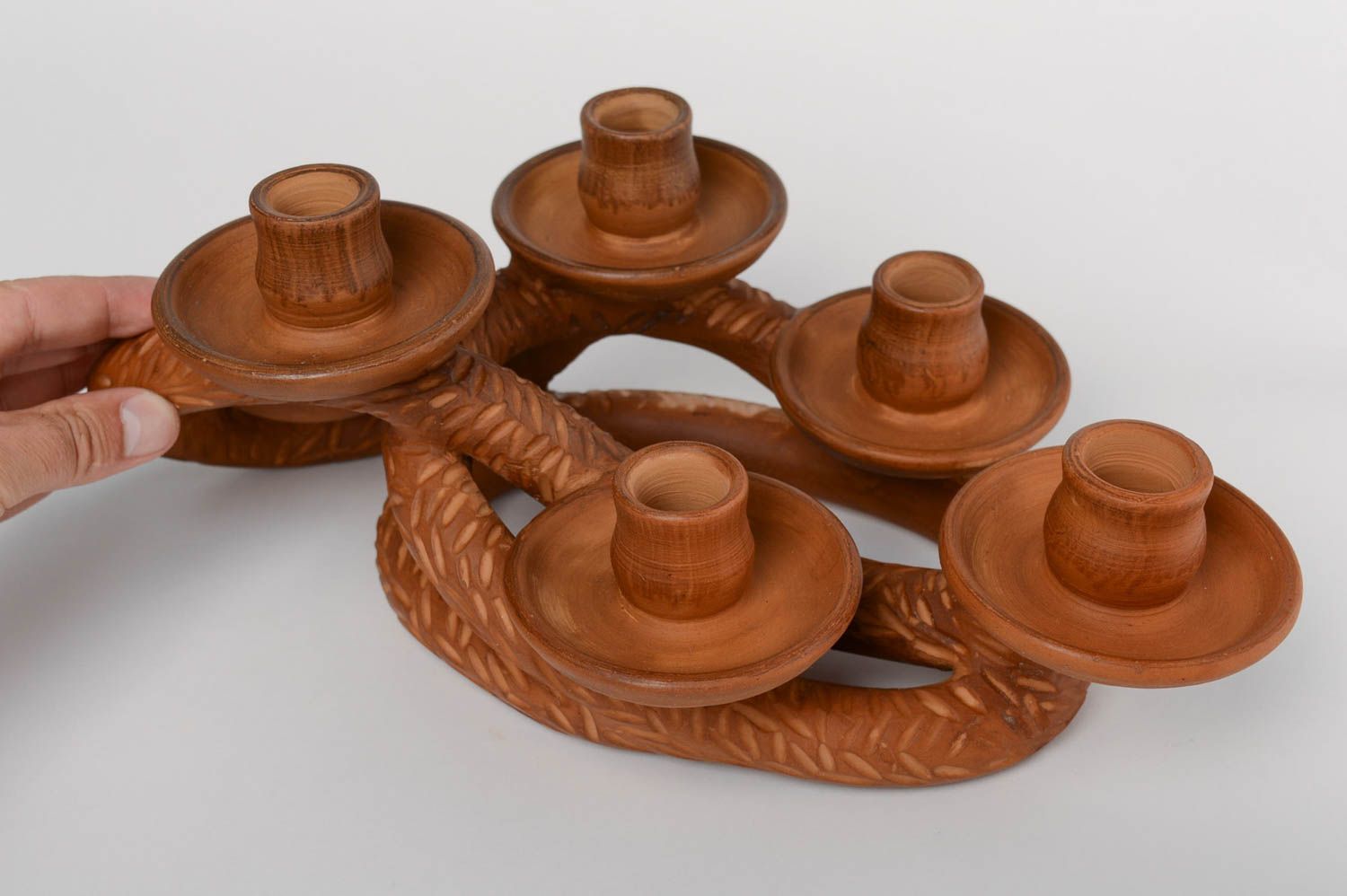 Unusual ethnic handmade terracotta clay candlestick for 6 candles photo 5