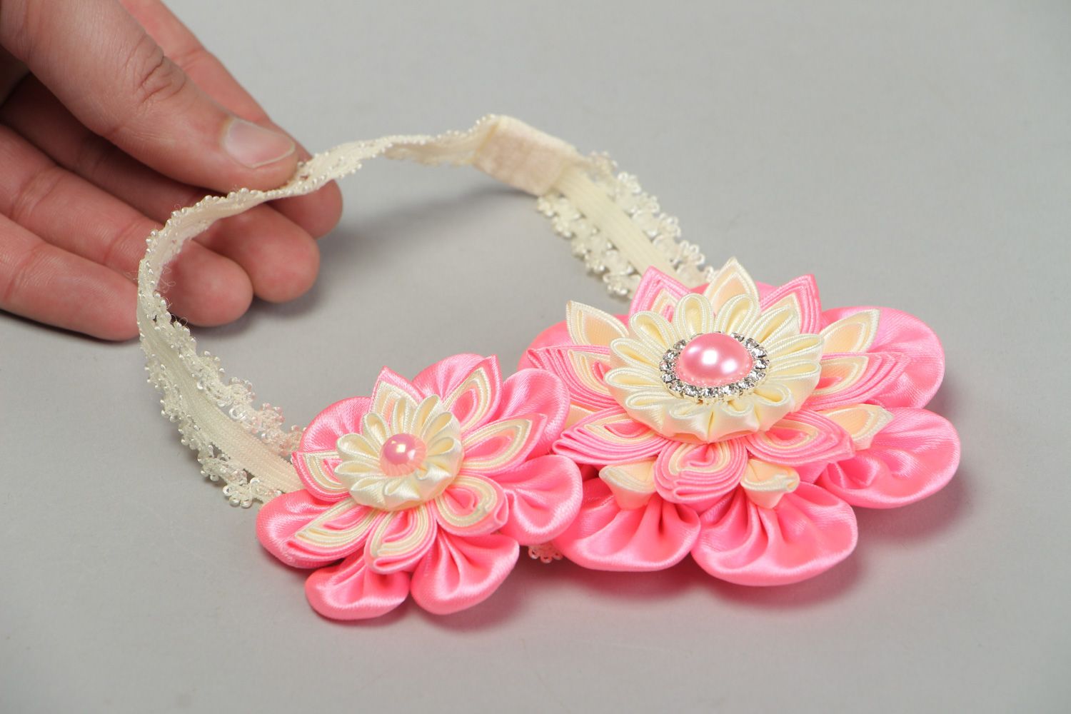 Handmade designer headband with satin ribbon flower in pink and cream colors photo 4