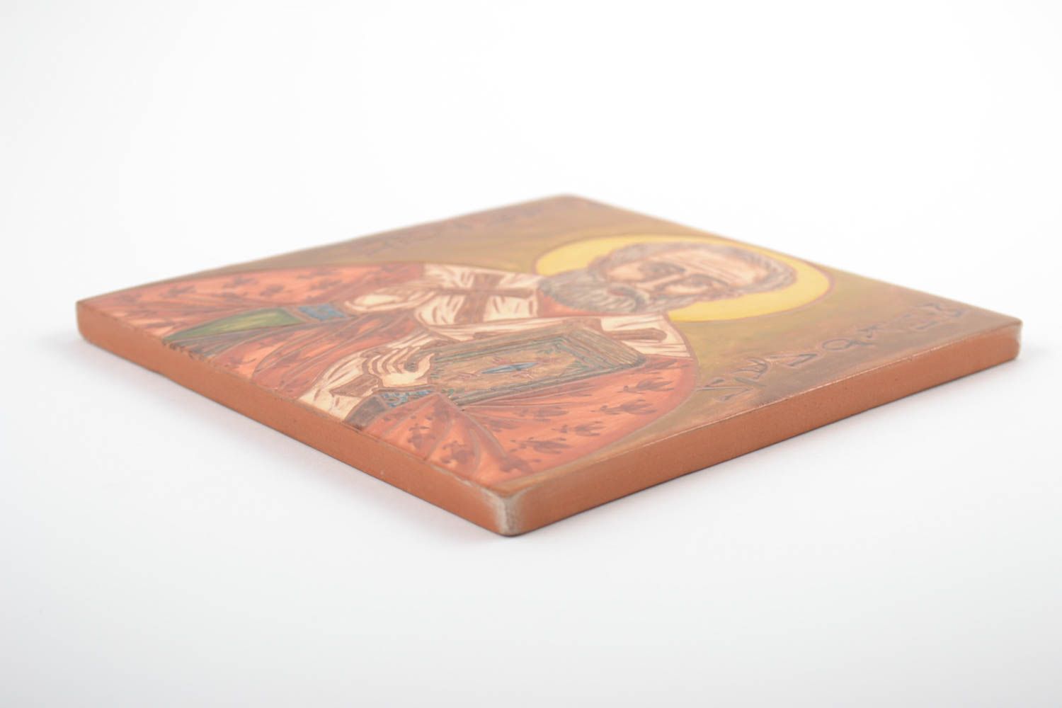 Tableau carré en terre cuite religieux fait main avec image de Nicolas de Myre photo 5