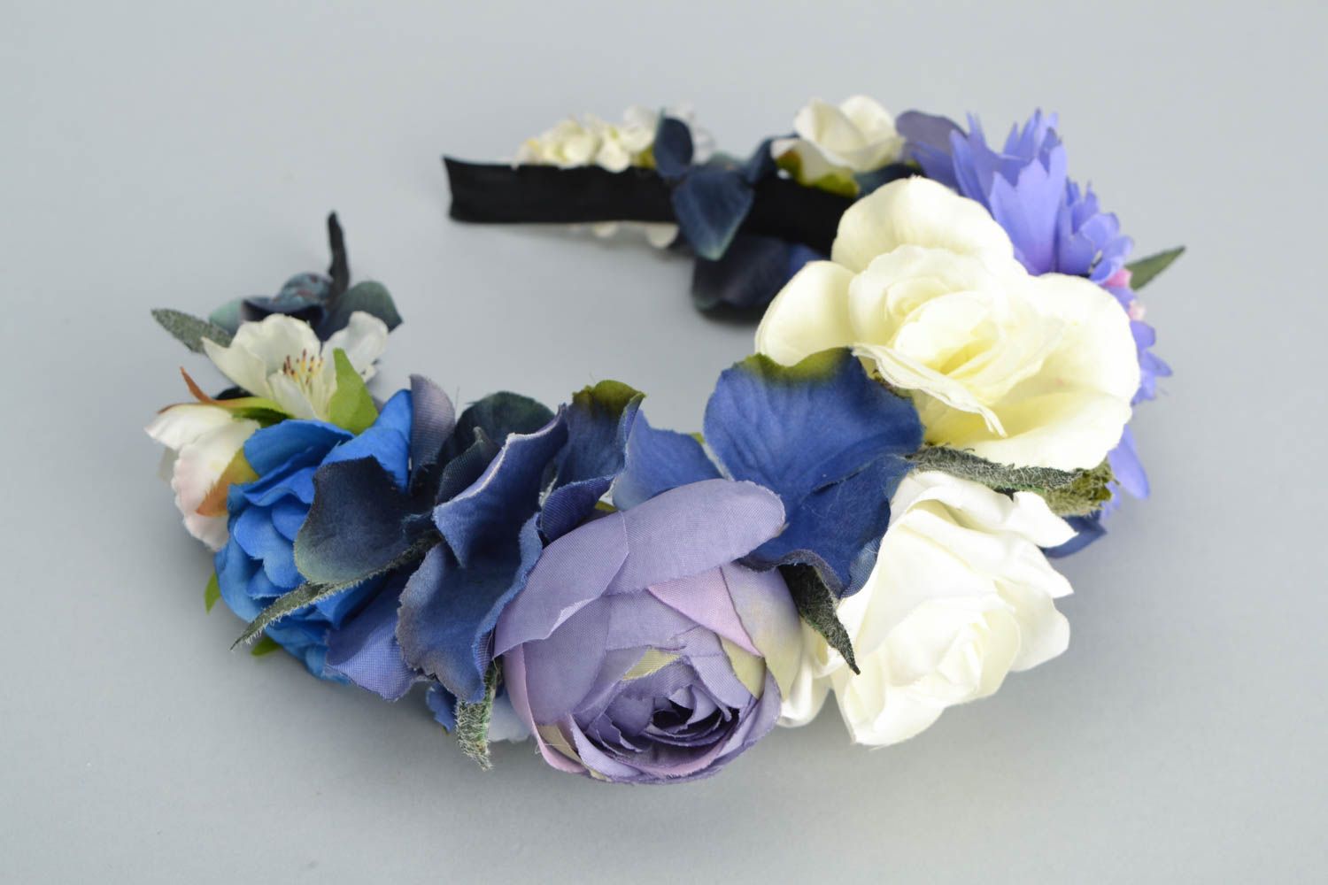 Serre-tête avec fleurs de rose et bleuet en tissu fait main original design photo 3