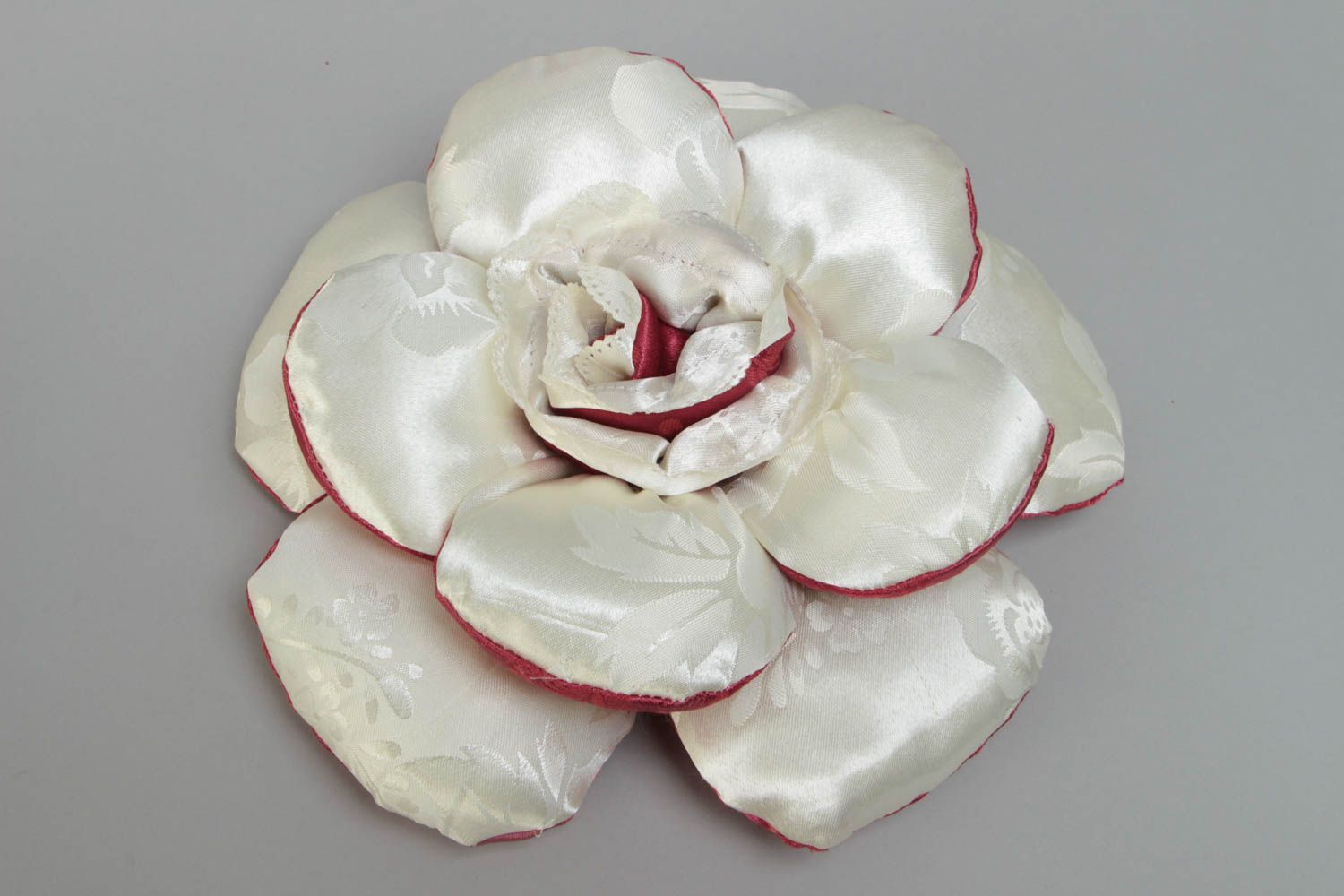 Handmade designer accent pillow sewn of satin in the shape of rose flower  photo 2