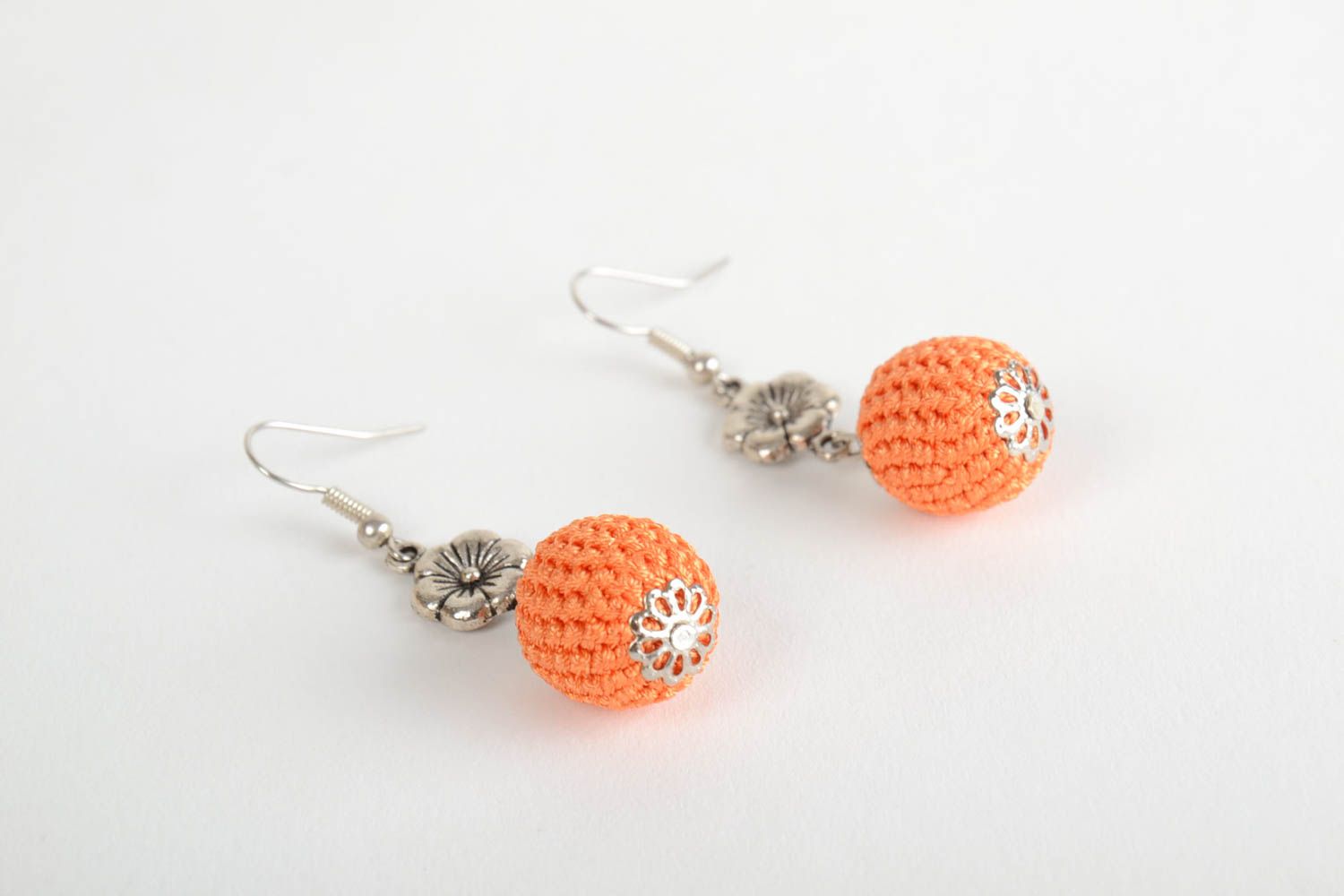 Beautiful orange homemade crochet ball earrings with unusual design photo 5