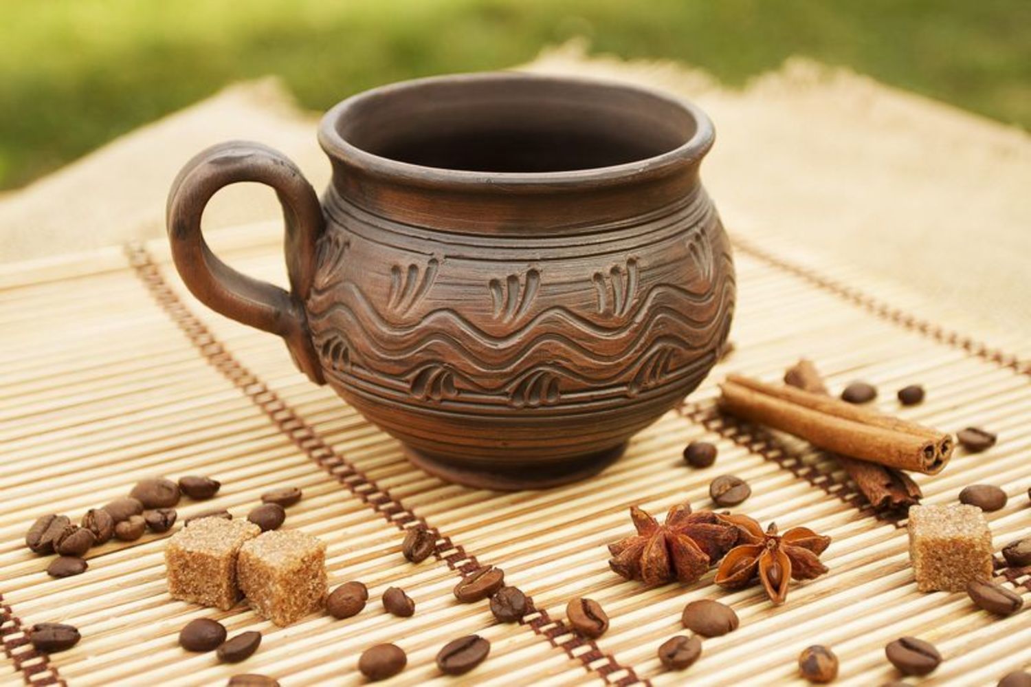 8 oz natural clay handmade coffee cup in pot-shape style with handle and rustic pattern photo 1