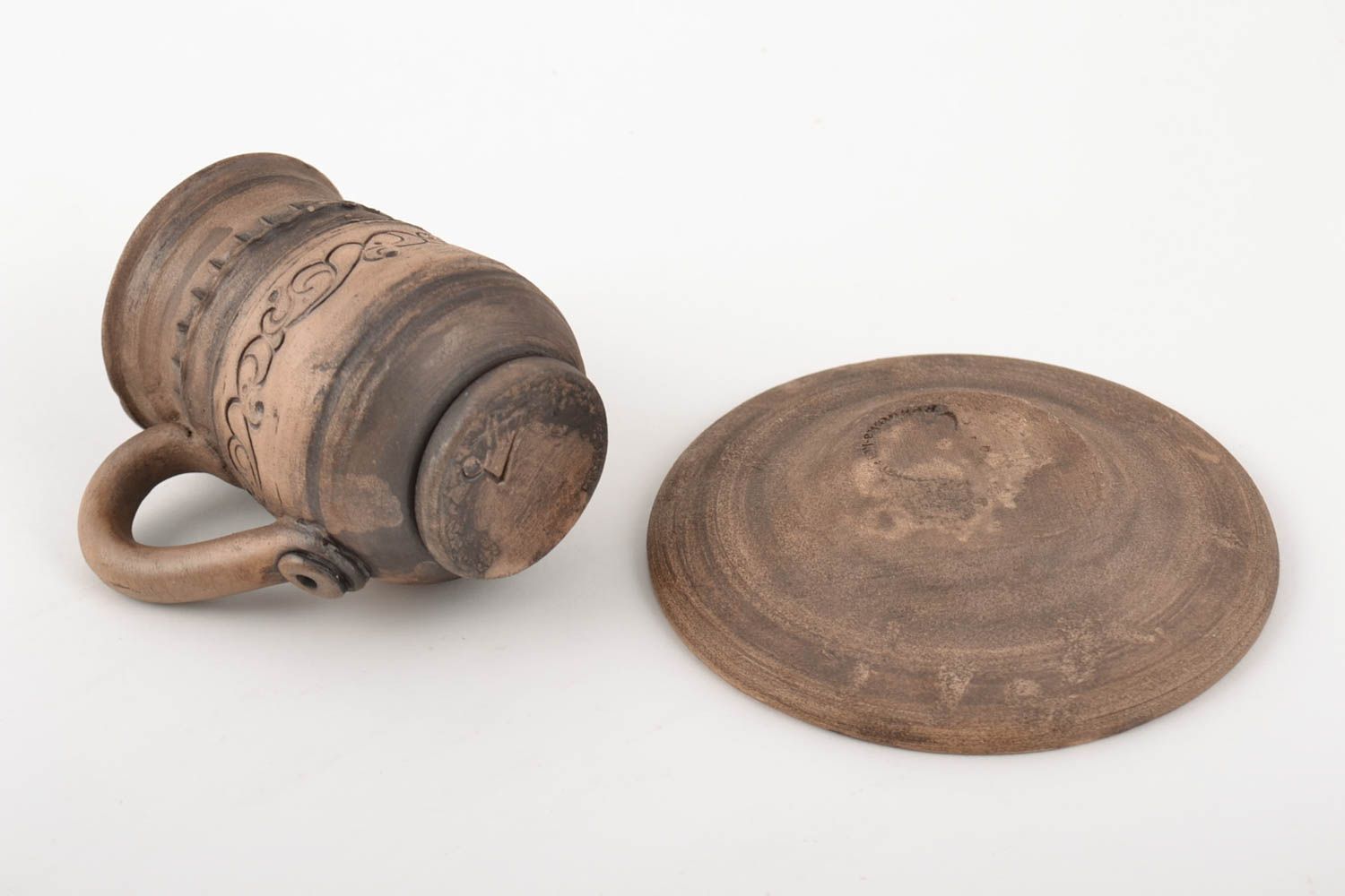 Tasse avec soucoupe en argile faites main 15 cl ethniques poterie originale photo 4