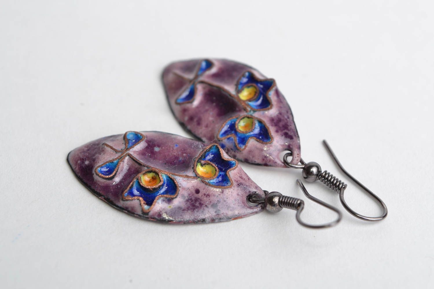Handmade enameled copper dangling earrings with flower in blue and violet colors photo 4