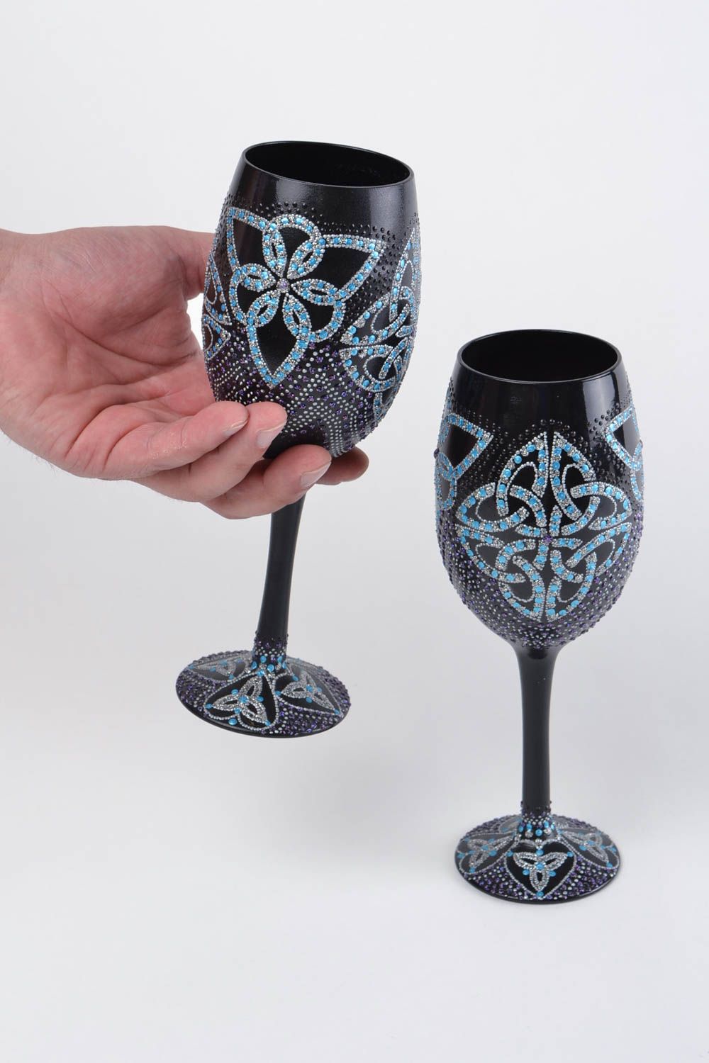 Black handmade designer wine glasses set with acrylic painting 2 pieces photo 2