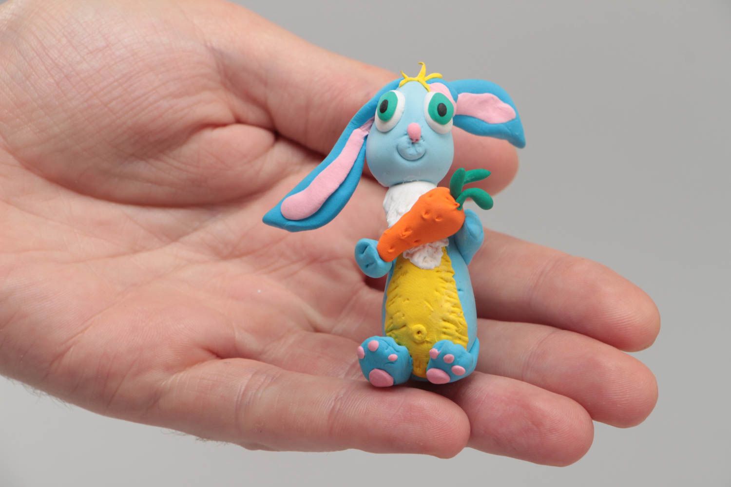 Funny handmade children's polymer clay statuette of blue hare photo 5