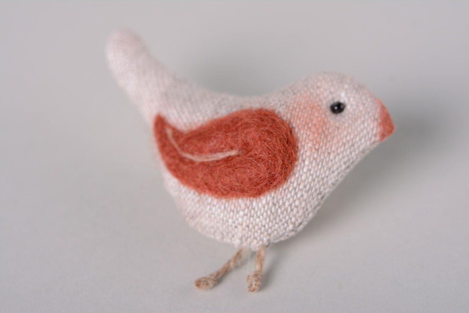 Handmade designer linen fabric brooch in the shape of bird with red wing photo 5
