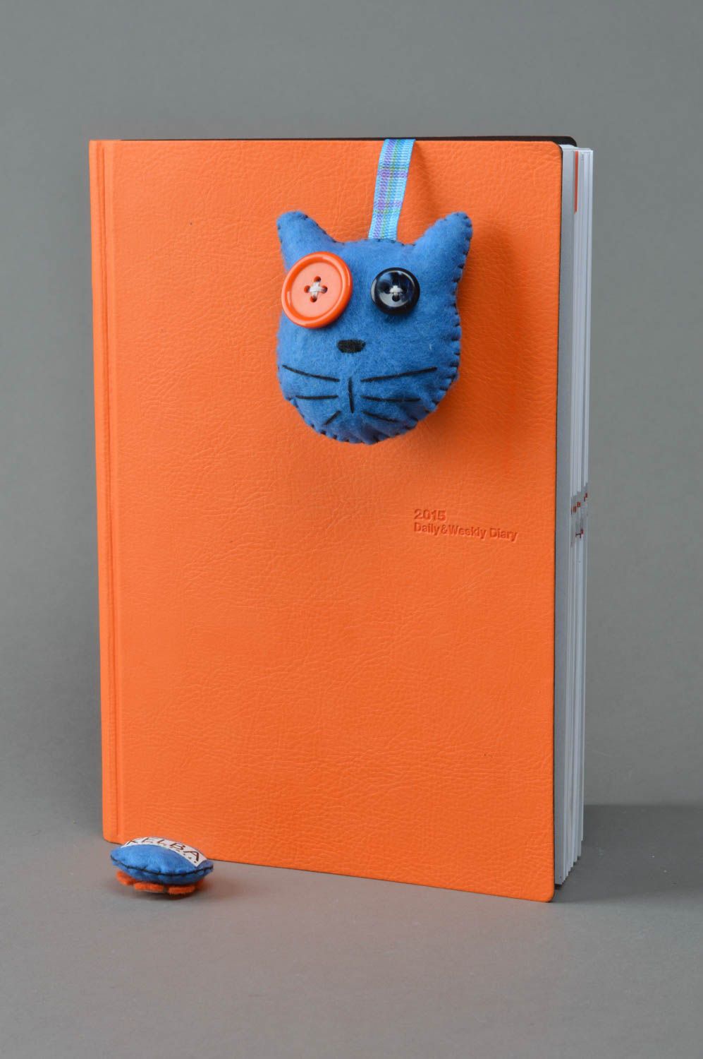 Handmade designer ribbon bookmark with soft charm blue felt cat with button eyes photo 1
