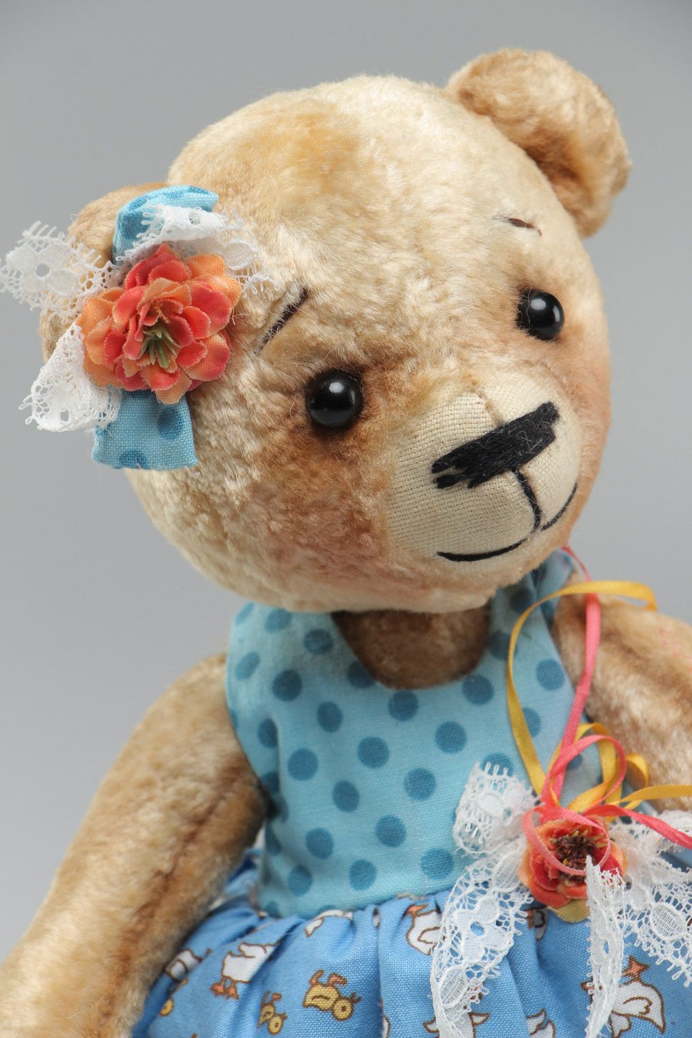 Handmade light plush soft toy bear in blue sun dress for children photo 3