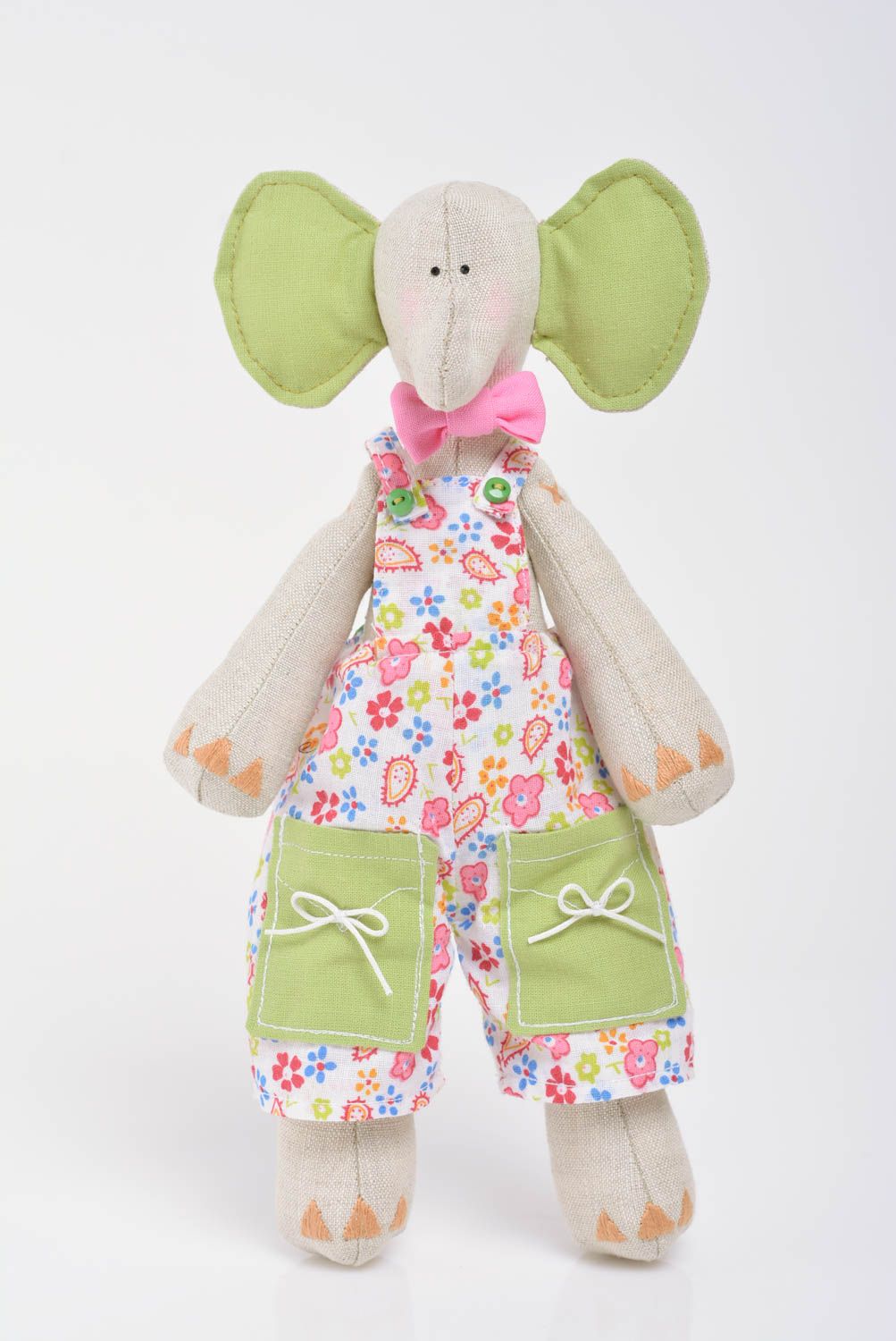 Handmade künstlerische Stoffpuppe Elefant im bunten Anzug aus Lein und Baumwolle foto 1
