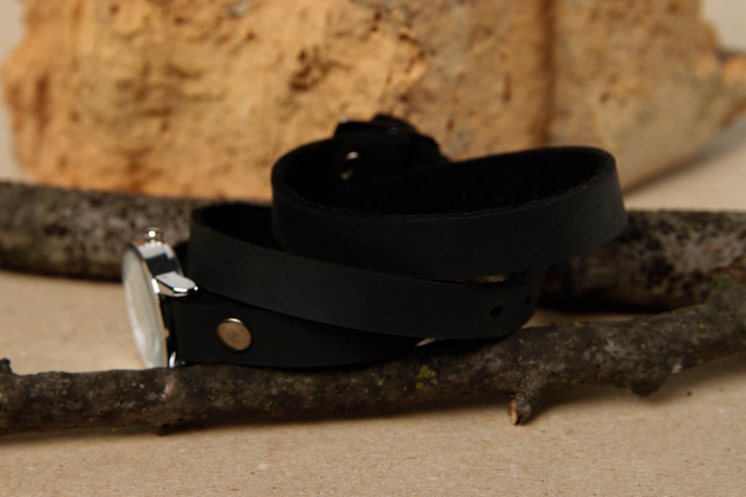 Bracelet cuir fait main Bracelet de montre large noir Accessoire en cuir photo 2