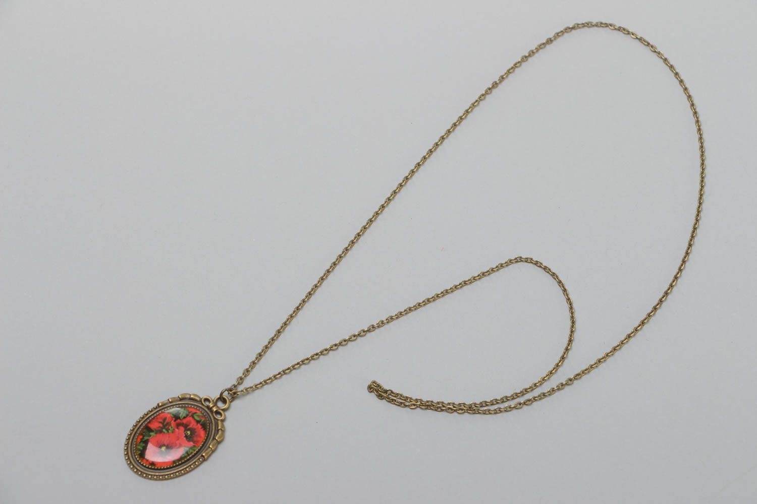 Handmade metal vintage neck pendant with glass glaze and metal chain Red Poppies photo 2