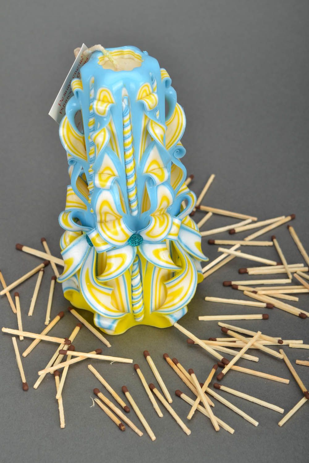 Large carved candle Blue and Yellow photo 1
