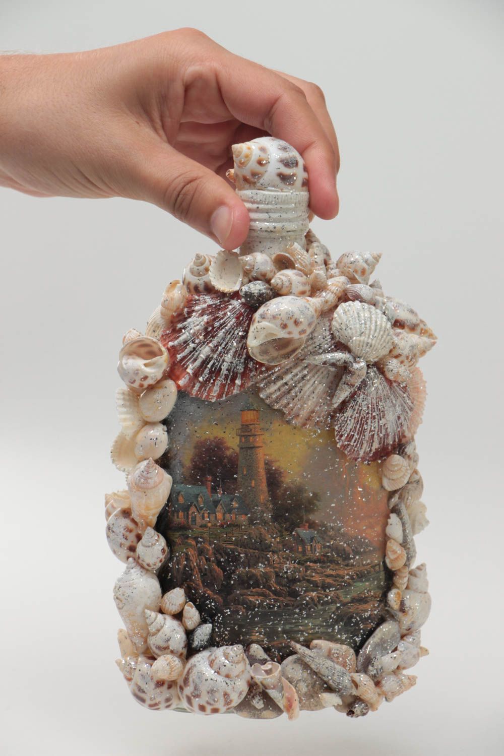 Decorative bottle with shells and decoupage pretty small handmade accessory photo 5