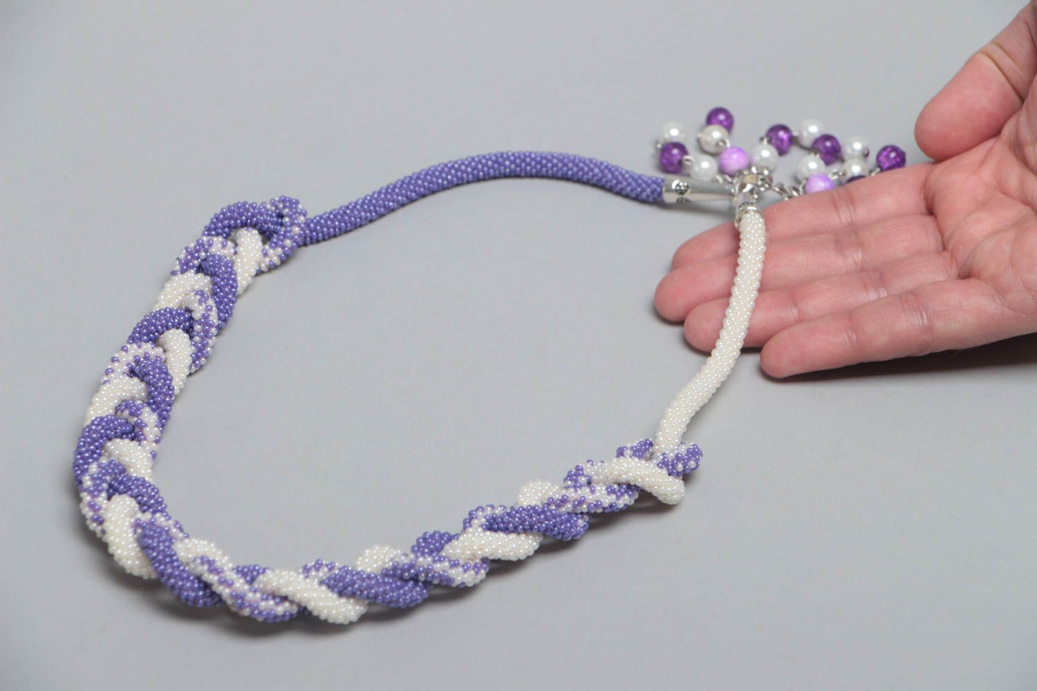 Lilac and white handmade braided beaded lariat necklace designer jewelry photo 5