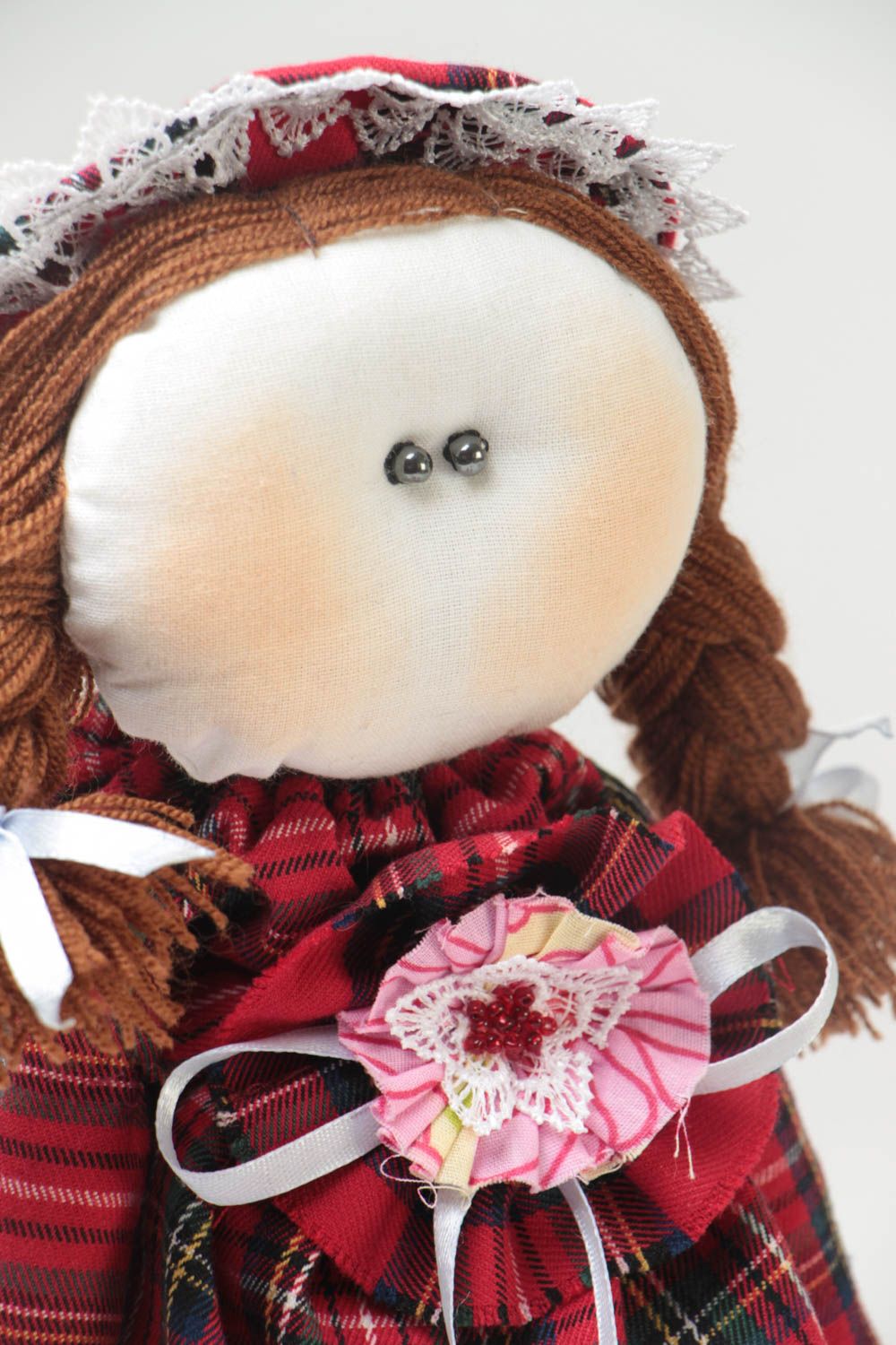 Beautiful handmade fabric soft doll girl with braids for children and decor photo 3