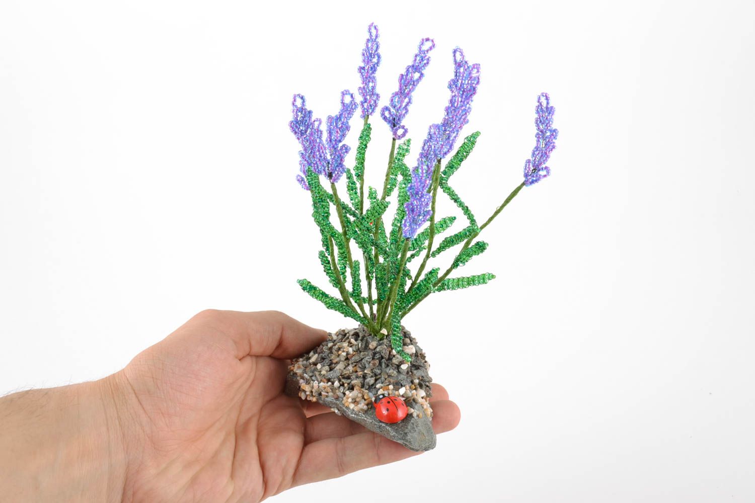 Handmade designer artificial lavender flower woven of seed beads on stand photo 5