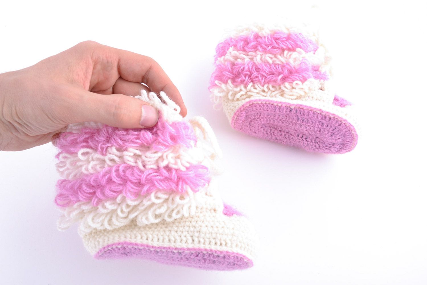 Beautiful pink and white baby shoes crocheted of semi-woolen threads for girl photo 2