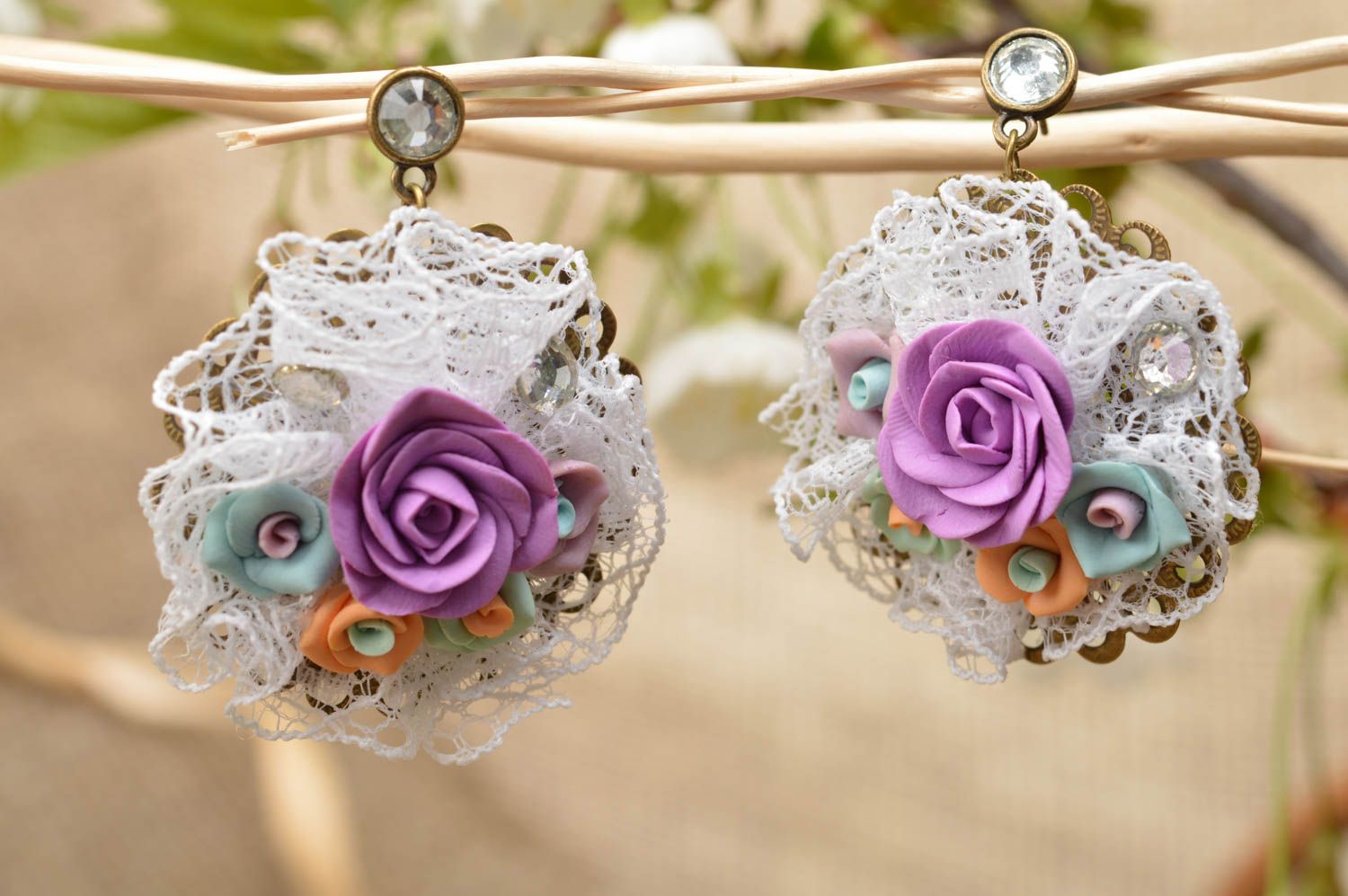 Beautiful bright handmade designer polymer clay flower stud earrings Roses photo 1