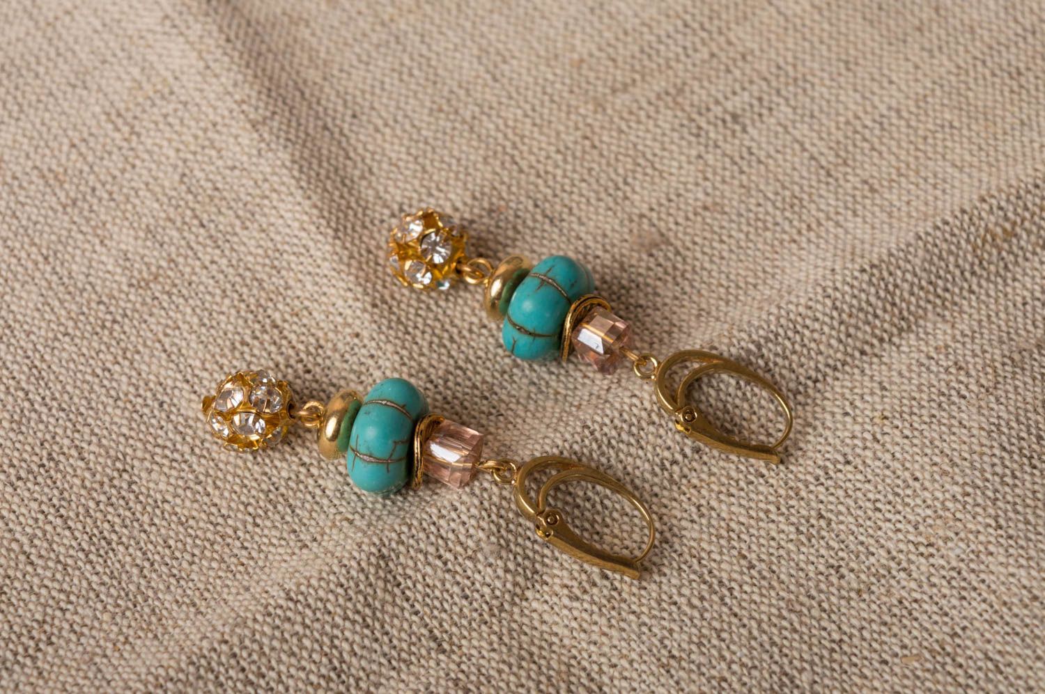 Earrings with natural stone charms brass jewelry beautiful turquoise accessory photo 1