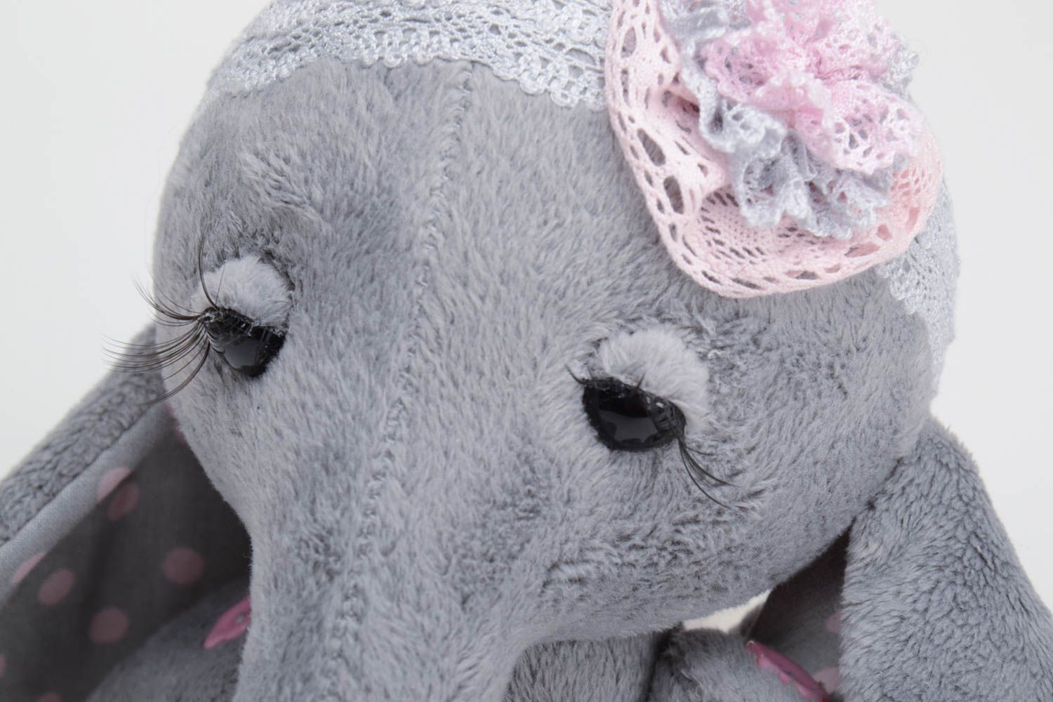 Handmade small cotton fabric soft toy cute gray elephant with lacy headband photo 3