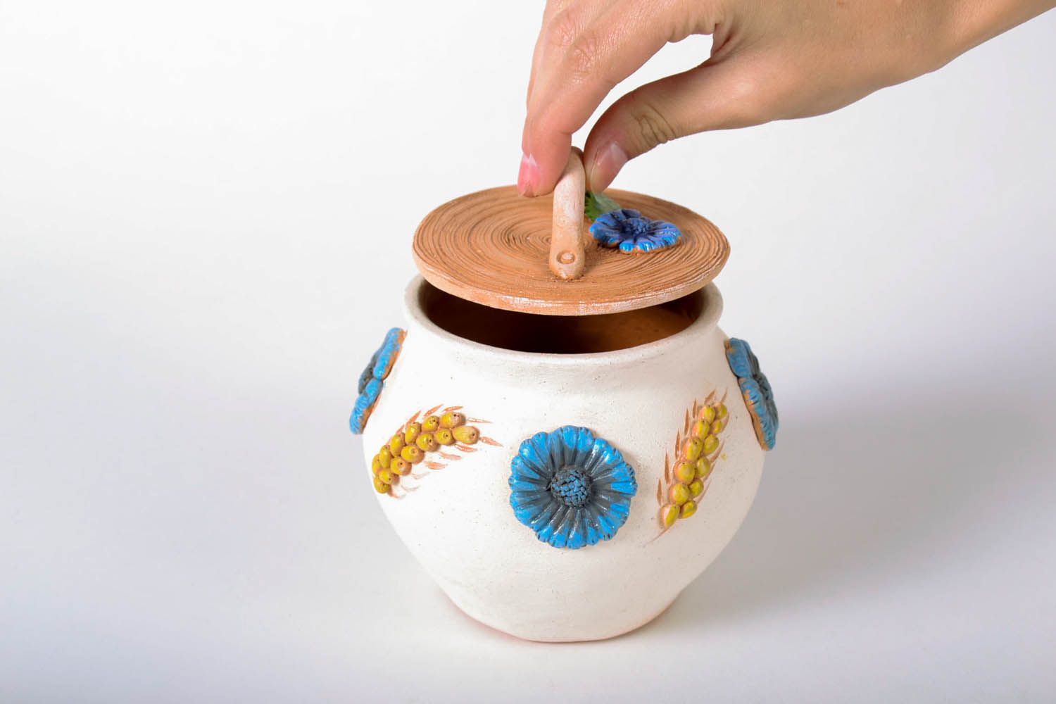 Pote de argila feito à mão com tampa louça de cerâmica decorativa artesanal foto 5