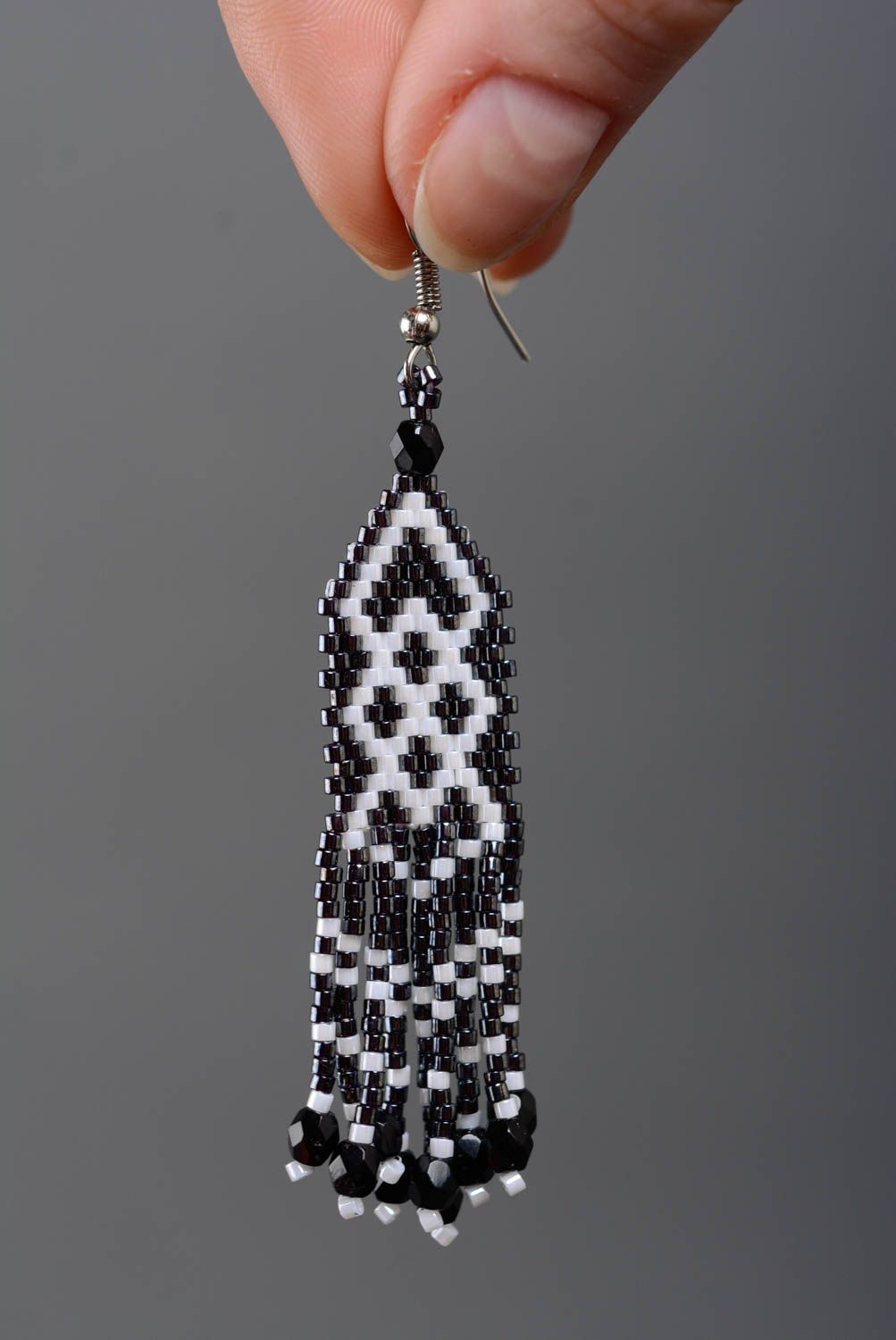 Stylish handmade designer black and white long earrings with beaded fringe in ethnic style photo 3