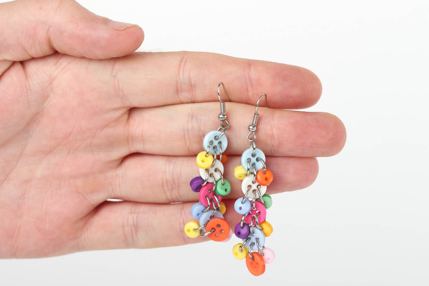 Bright handmade dangle earrings metal earrings with plastic buttons small gifts photo 5