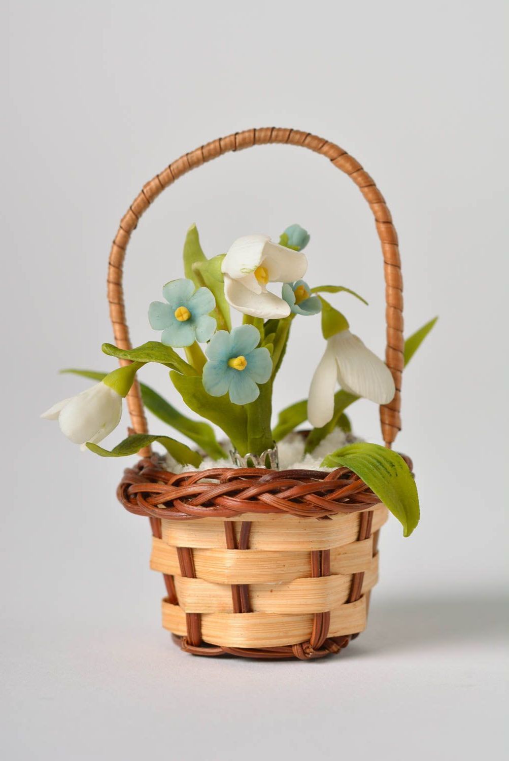Small beautiful handmade designer polymer clay brooch flowers with basket photo 1