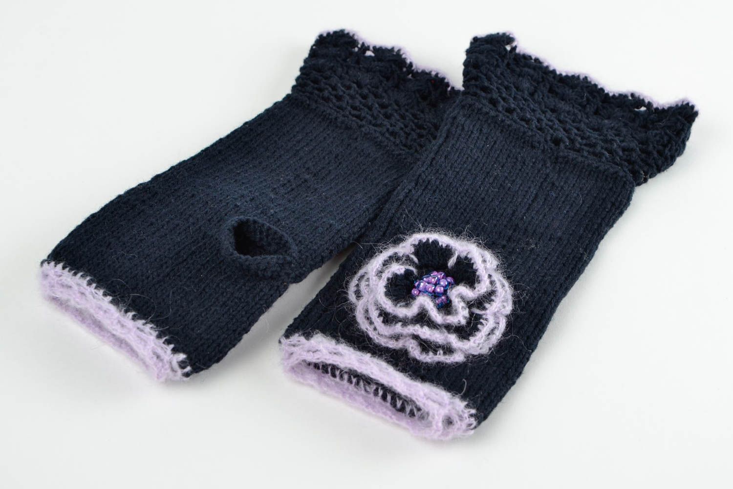 Mitaines tricot fait main Gants mitaines laine acrylique noir Accessoire femme photo 3