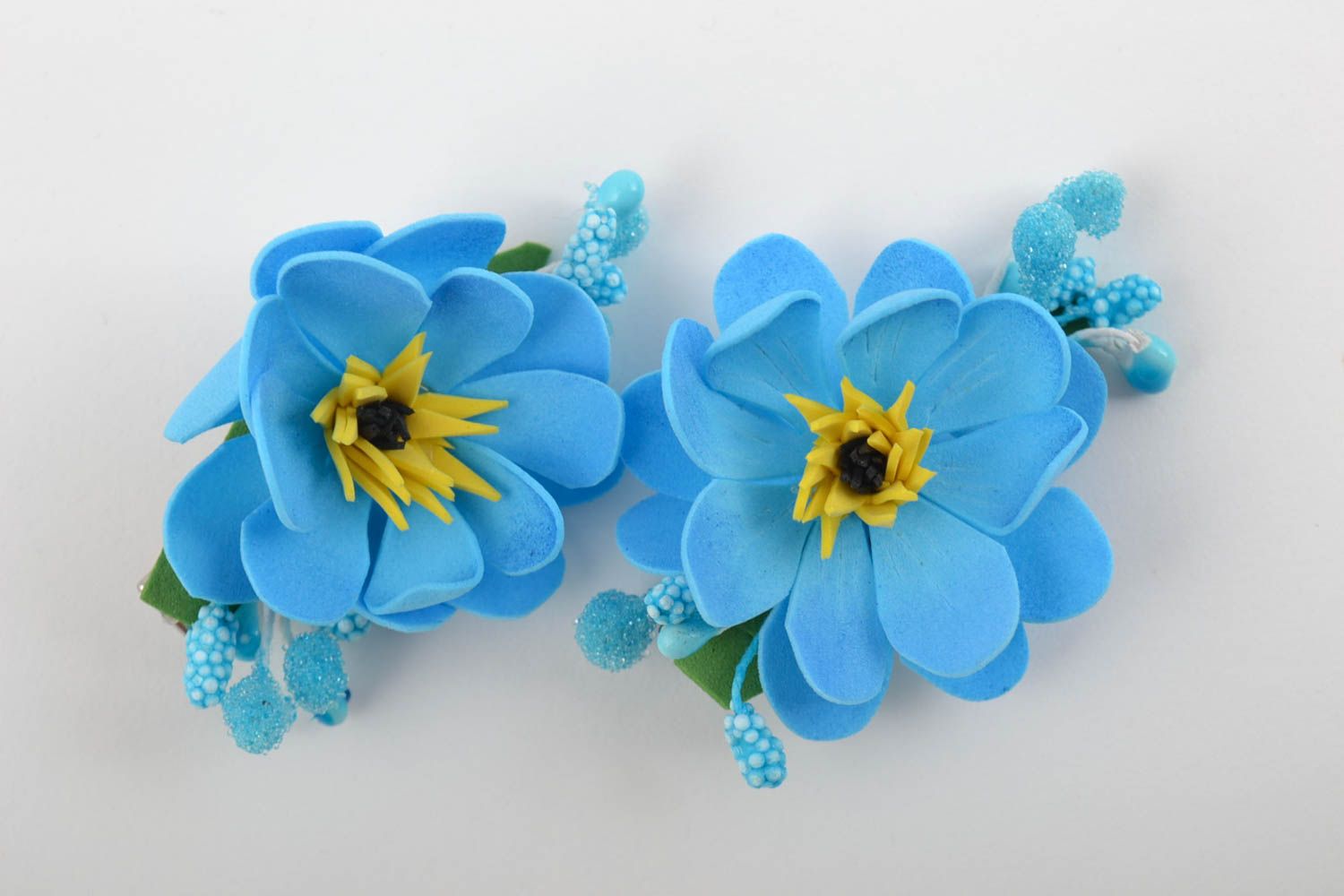 Set of handmade hair clips with flowers made of foamiran blue hairpins photo 7