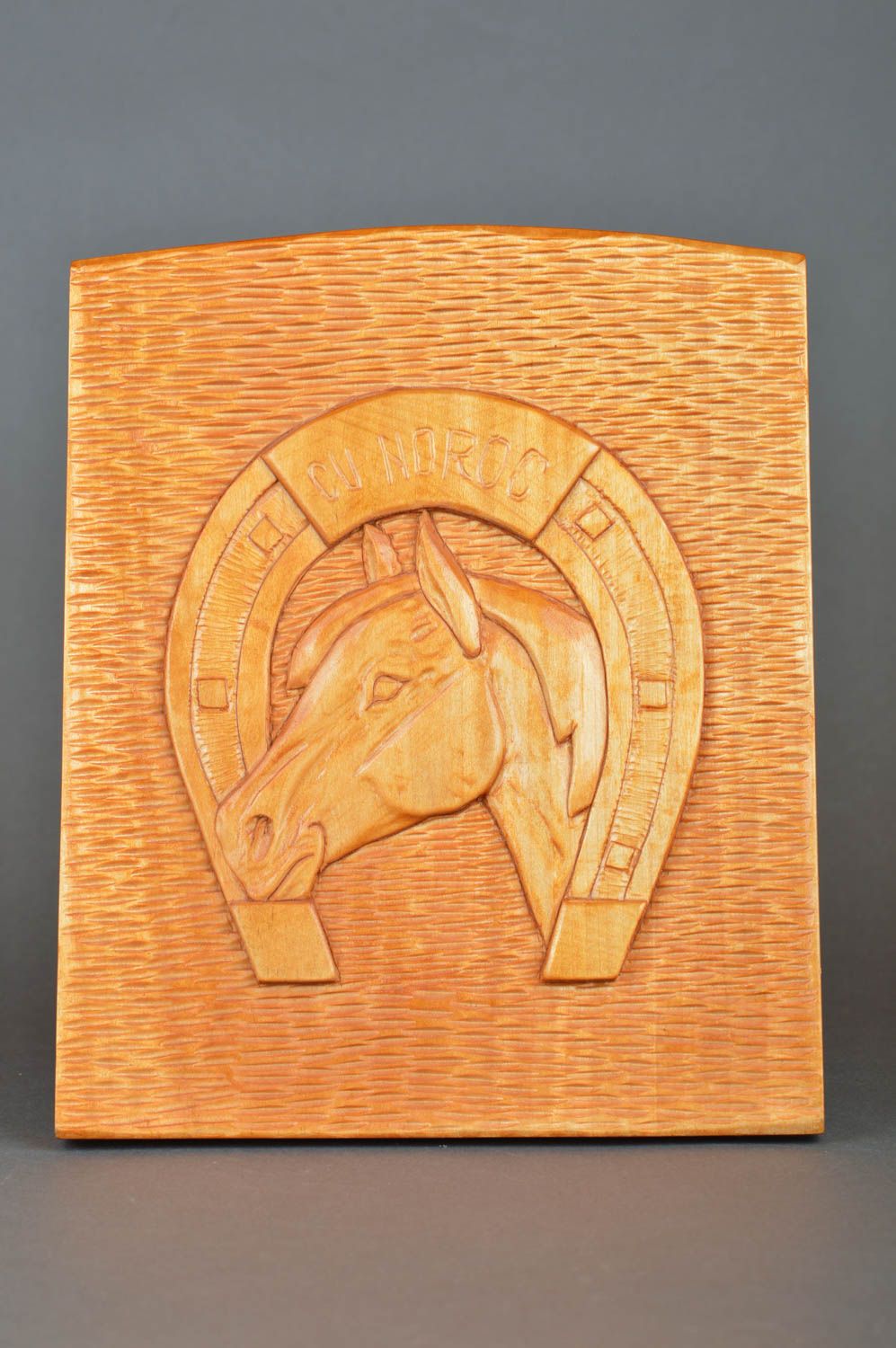 Beautiful handcrafted wooden wall hanging panel with carved horse and horseshoe photo 2