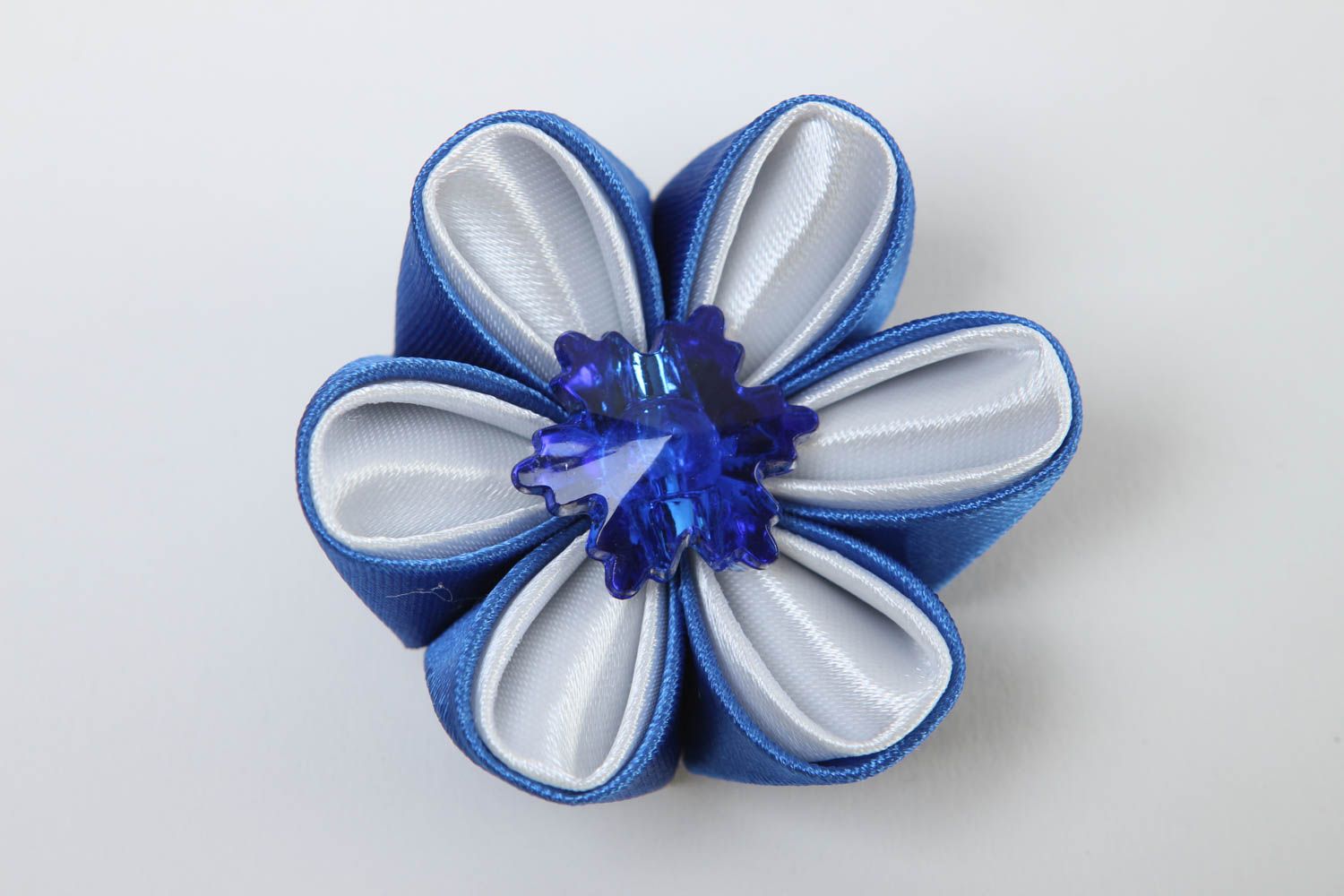 Barrette à cheveux fleur fait main bleu blanc kanzashi Accessoire femme photo 2