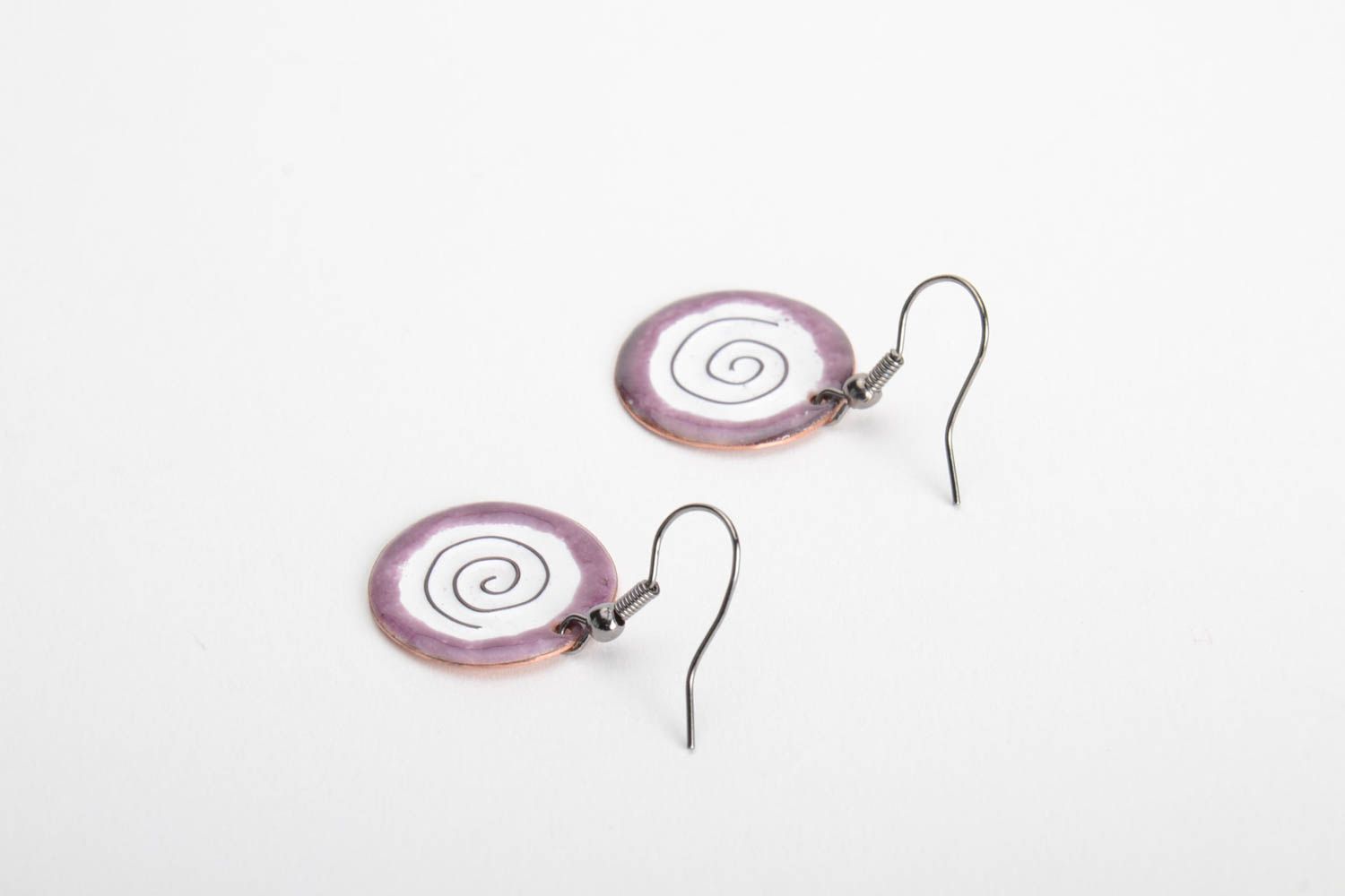 Handmade copper earrings with hot enamel painting purple and white  photo 4