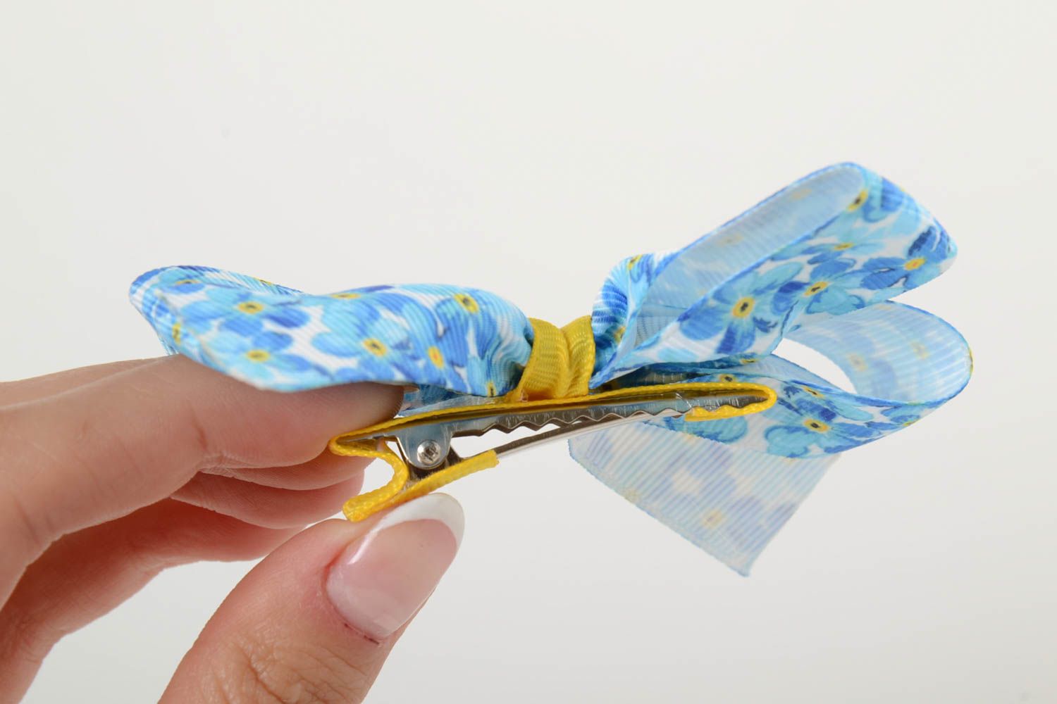 Hairpin made of rep ribbon for baby Blue Bow handmade barrette for children photo 5