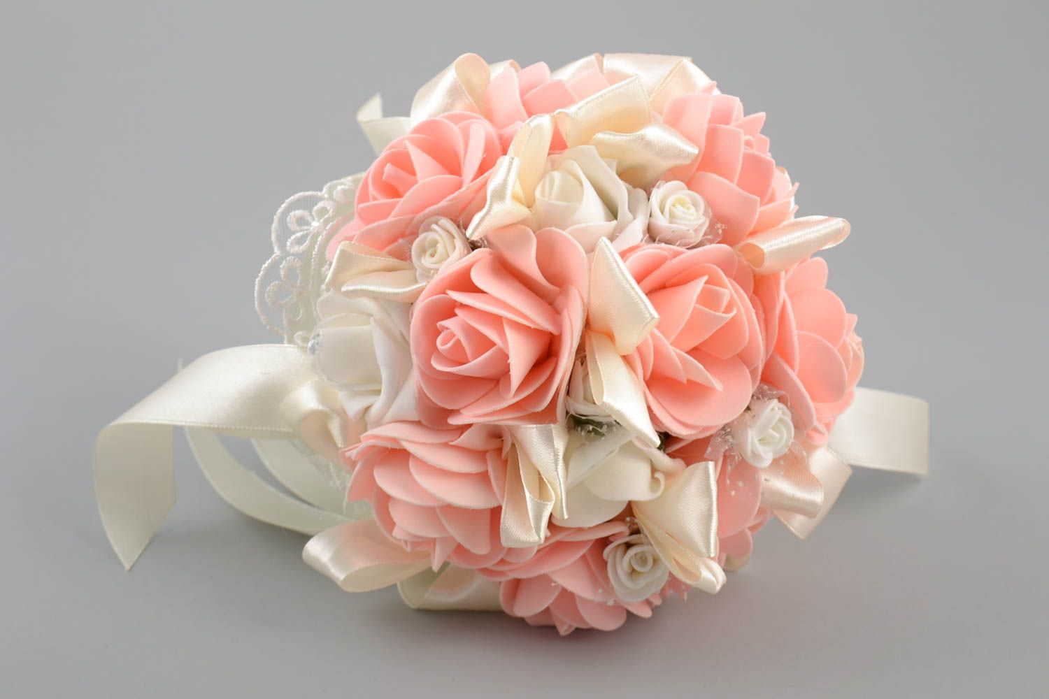 Handmade decorative wedding bouquet with foamiran flowers ribbons and beads photo 3