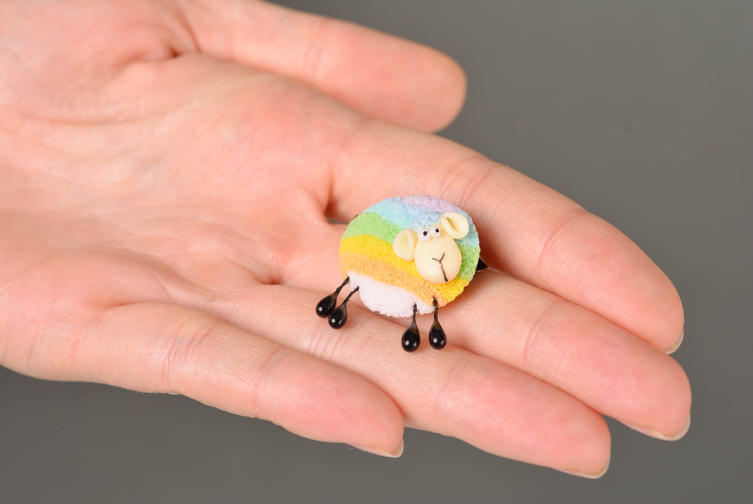 Funny small handmade children's brooch molded of polymer clay colorful lamb photo 3